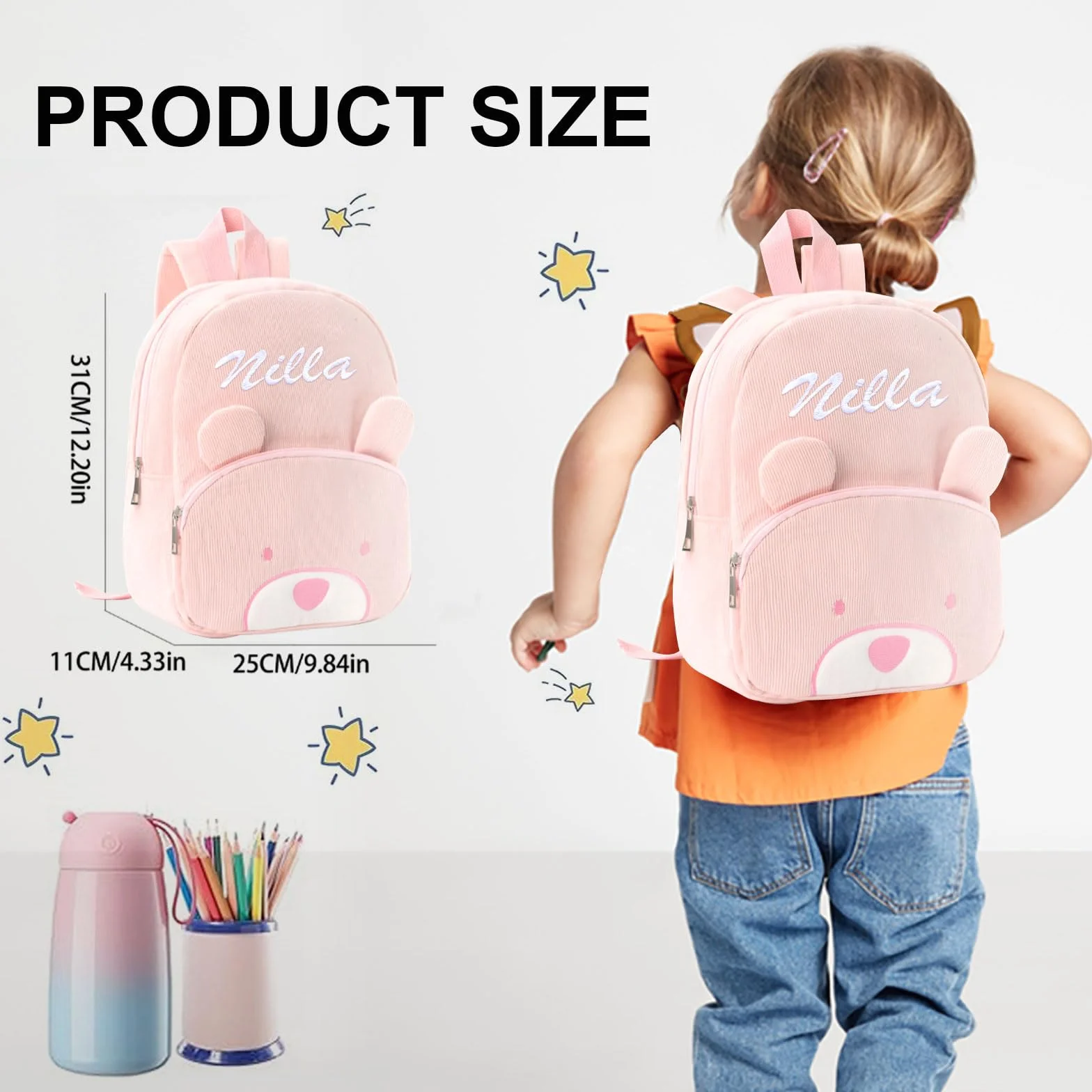 Sac à Dos Enfant Personnalisé Broderie Prénom Velours Côtelé Ours Maternelle Fille Garçon