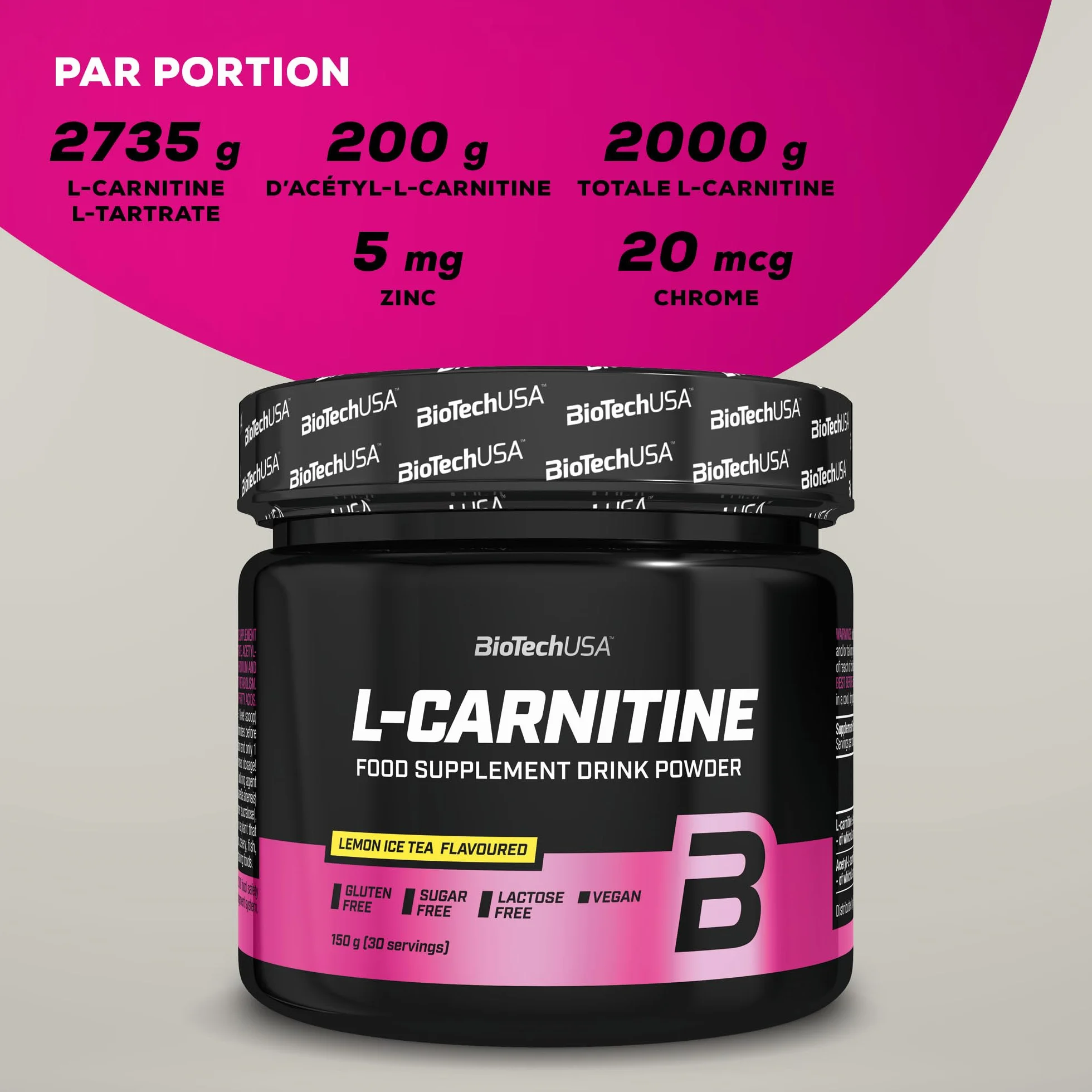 BioTechUSA L-Carnitine Drink Powder | 2 000 mg/portion | Végétalien, sans gluten, sans sucre | Stimuler le métabolisme et l'énergie, 150 g, thé glacé au citron