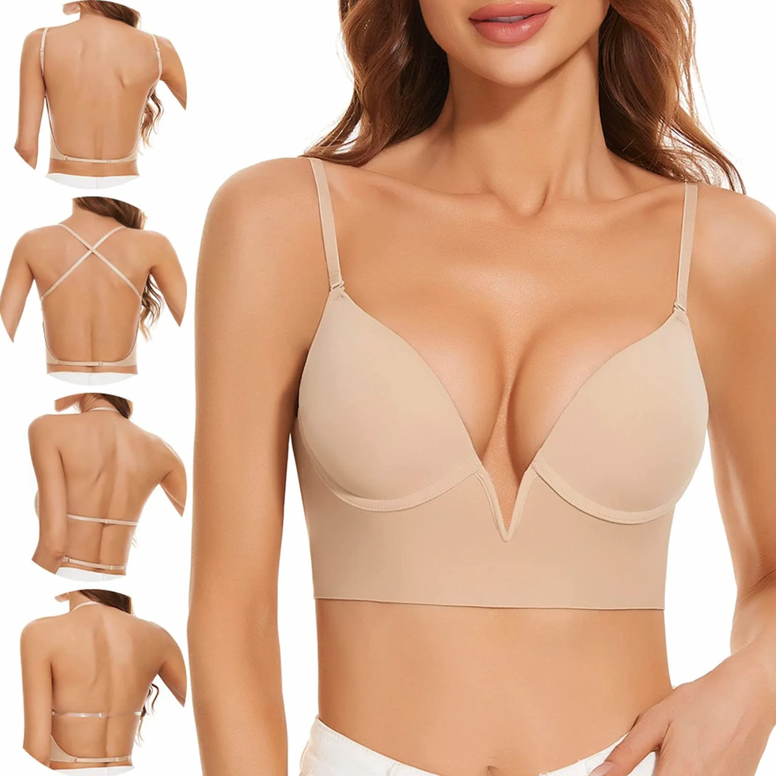 Soutien Gorge Dos Nu Invisible Push Up pour Femme Deep V sans Armature Transparent S-XL