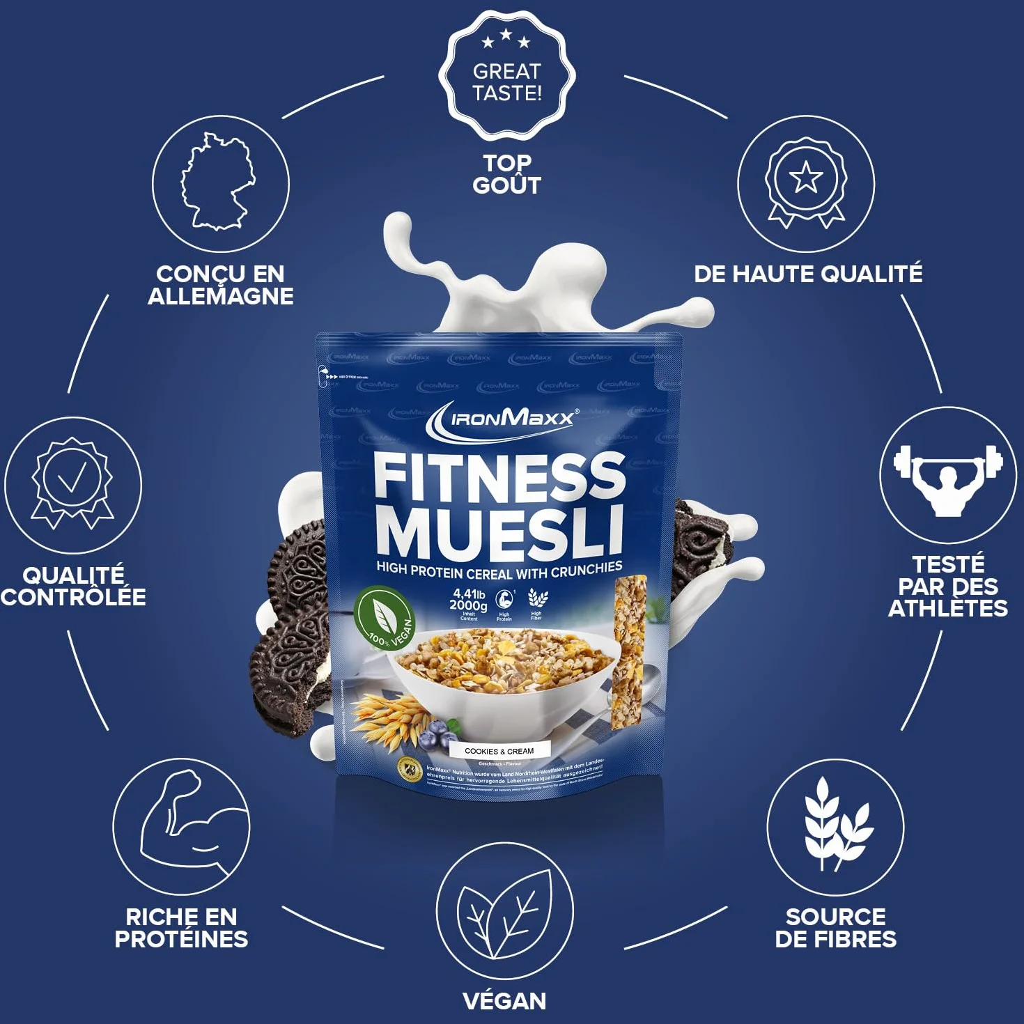 IronMaxx Muesli Fitness Cookies & crème 2 kg – muesli sans sucre ajouté, flocons d’avoine, céréales croustillantes, petit-déjeuner adapté au fitness et aux modes de vie actifs