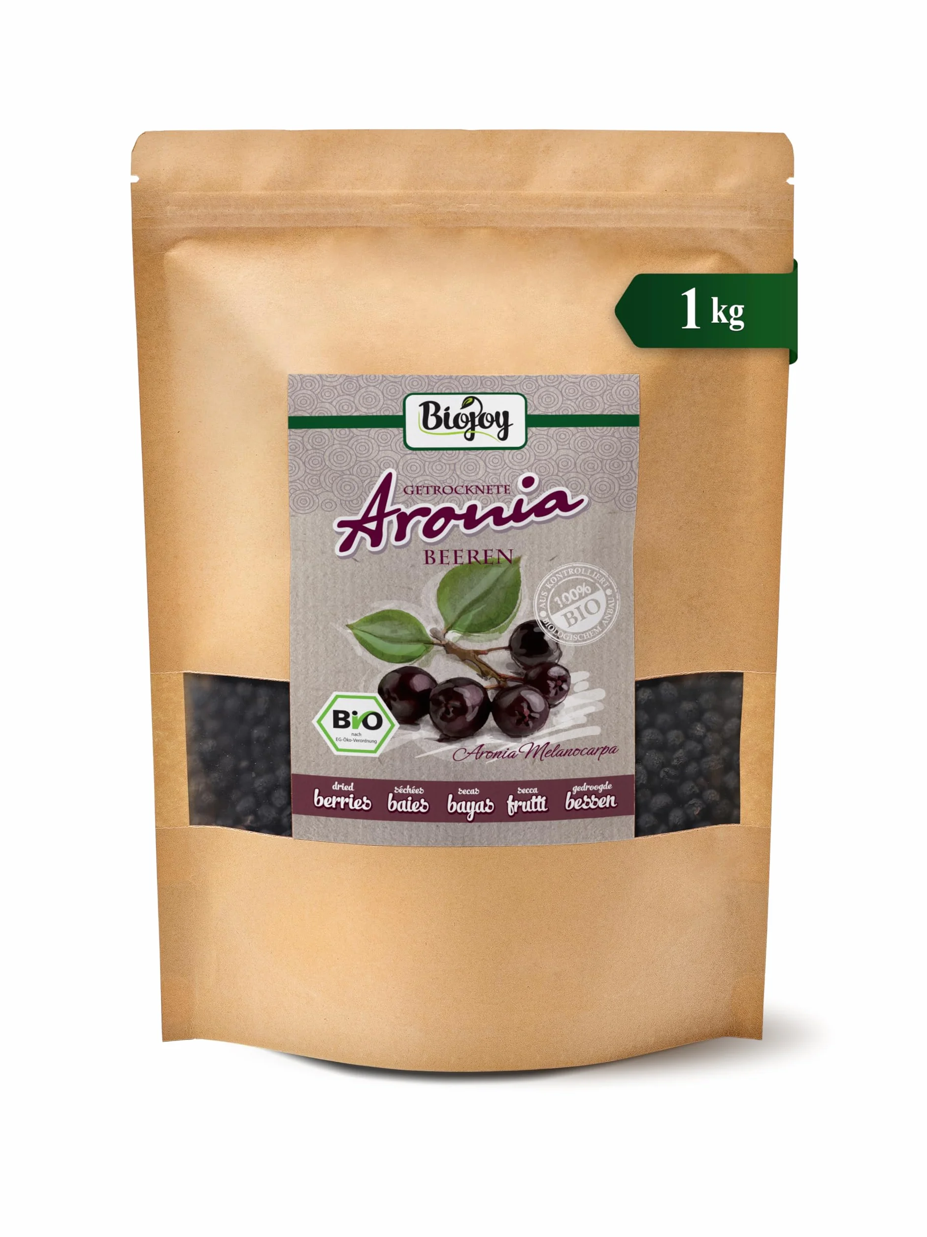 Biojoy Baies d'aronia séchées BIO (1 kg), entières (Aronia melanocarpa)