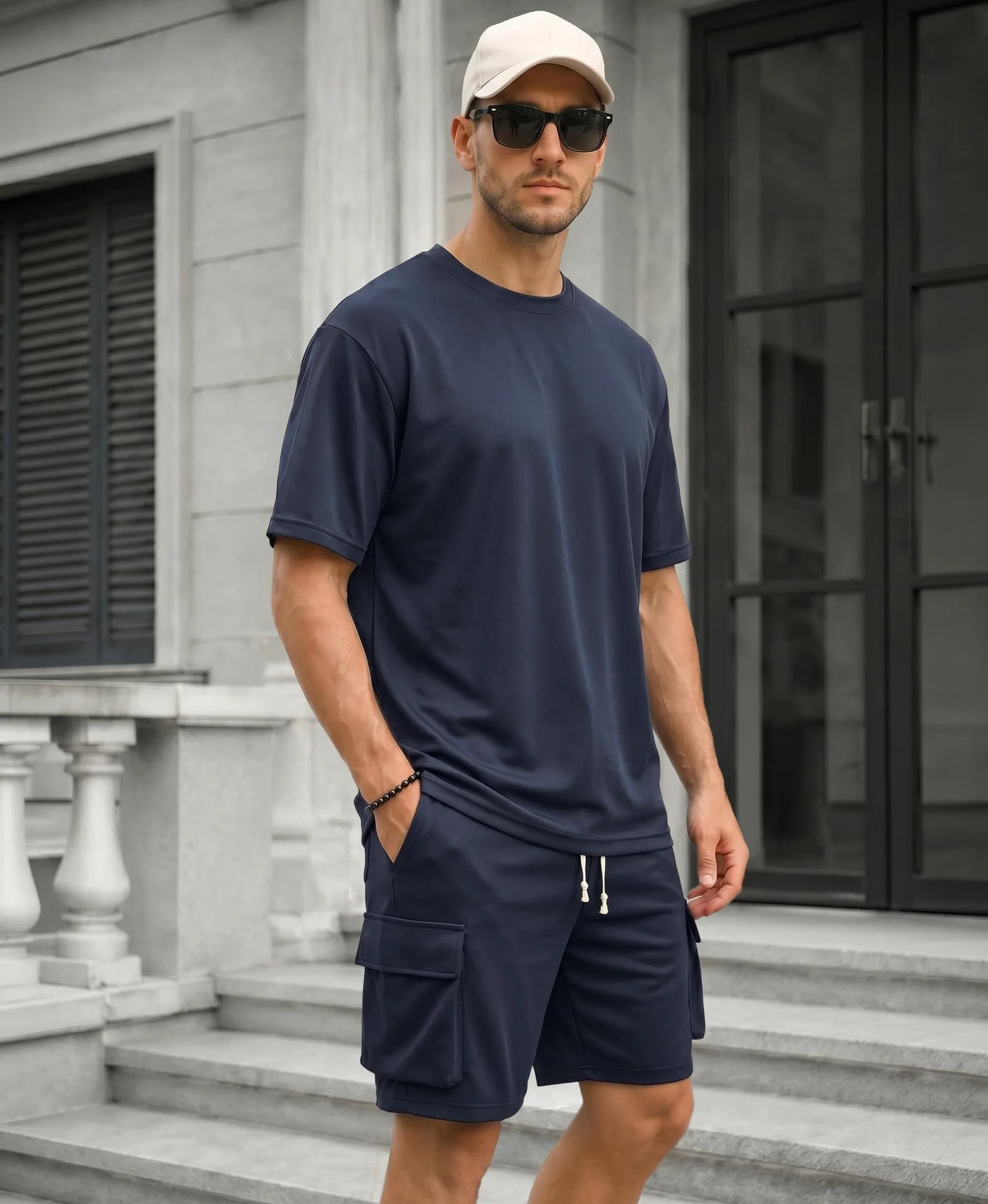 Survêtement Homme 2 Pièces Ensemble T-shirt et Short Cargo avec Poches
