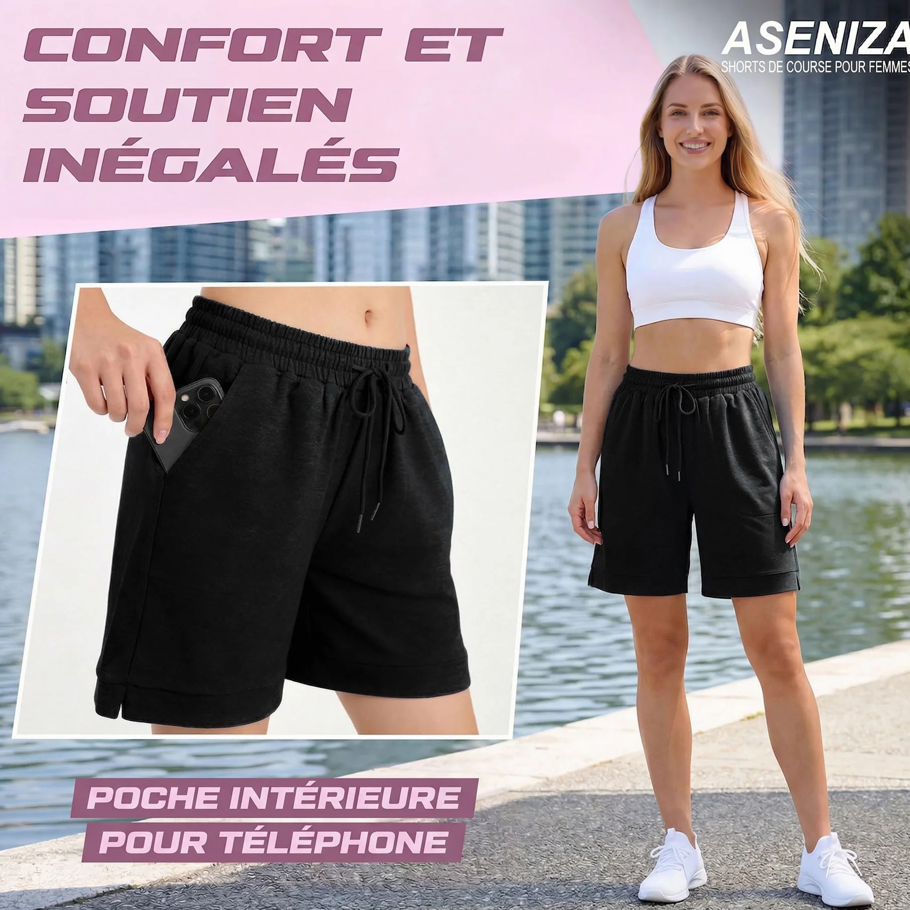 Aseniza Short Sport Femme Baggy Bermuda Shorts Yoga Coton Été Confortable Léger Tennis Course Serrage Poche