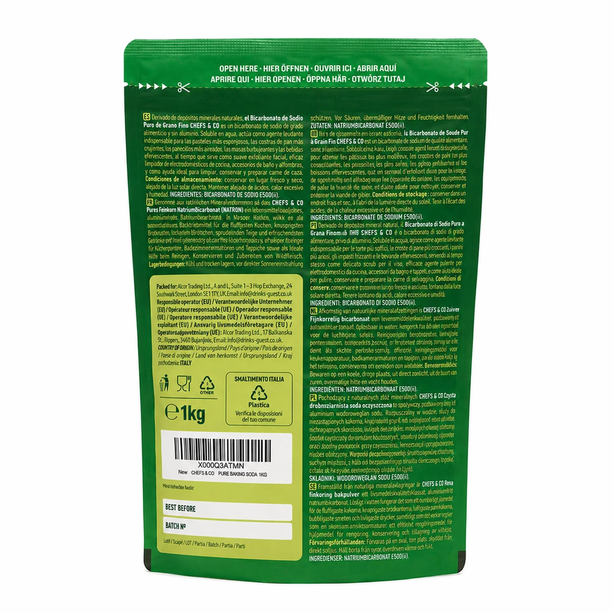 CHEFS & CO | Bicarbonate de Soude Pur (1 KG) | 100% Bicarbonate de Soude de Qualité Alimentaire | Bicarbonate pour Cuisiner, Boire et Nettoyer | Sans Aluminium | Sans BPA | Agent Levant (Paquet de 1)