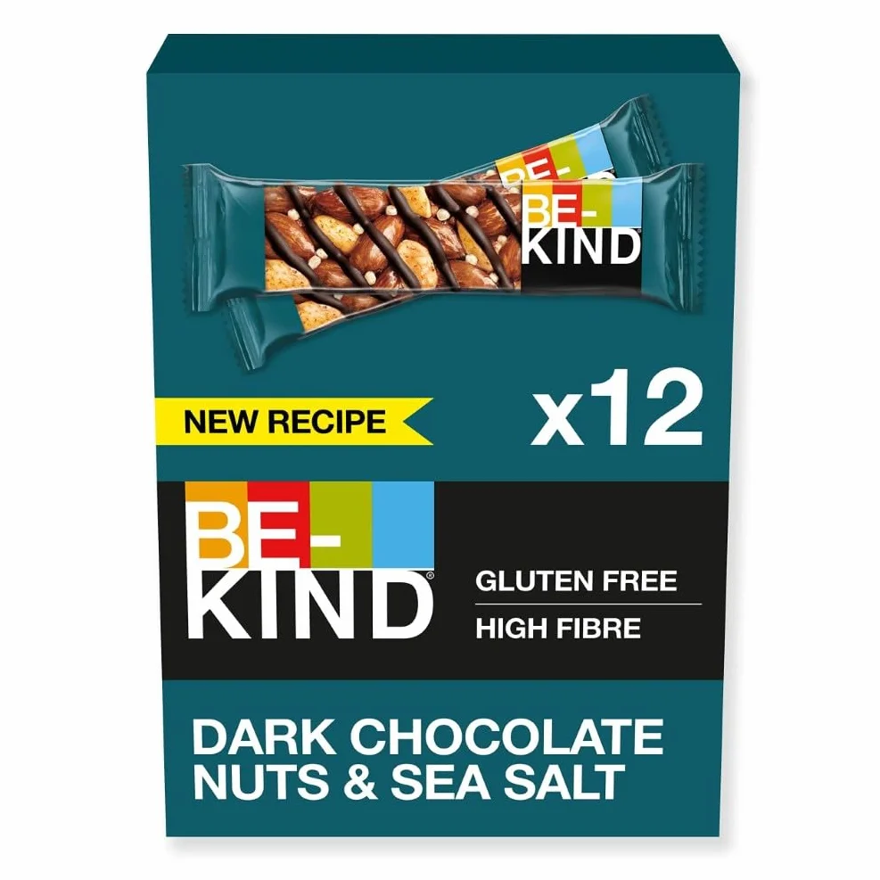 BE-KIND - Barres de Céréales - Chocolat Noir, Amandes & Sel Marin - Sans Gluten - Riches en Fibres - Grand Format - 12 x 40g