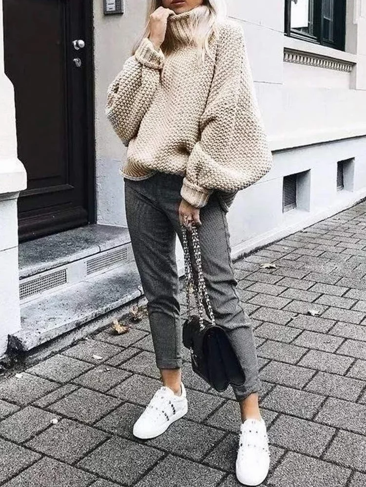 Onsoyours Col Montant Manche Longue Oversize Pull Tricoté Femme Sweatshirt