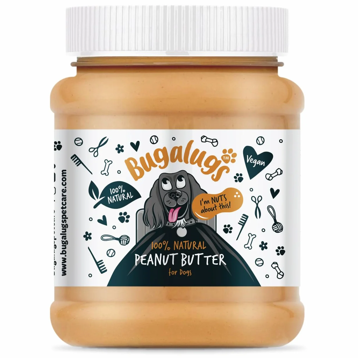 BUGALUGS - Beurre de Cacahuète pour Chiens - 340g - 100 % Naturel - sans Sel ni Sucre - Riche en Protéines - Récompense Saine - Friandise Éducative - Digestion - Vegan - sans Additifs
