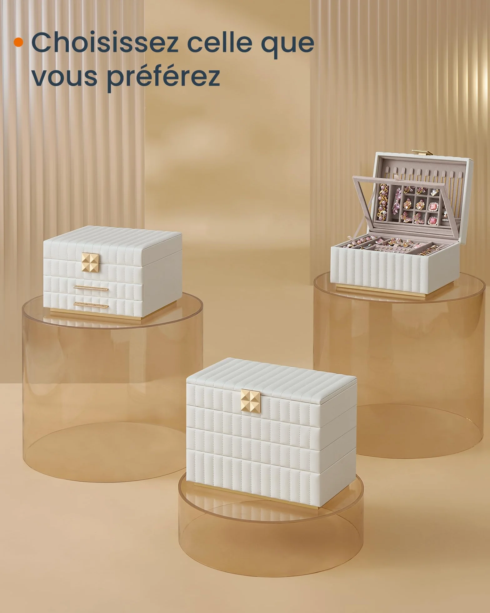 SONGMICS HOME ANAH Collection Boîte à Bijoux 3 Étages avec Miroir 2 Tiroirs Surface PU 21,5 x 24 x 15,8 cm Blanc