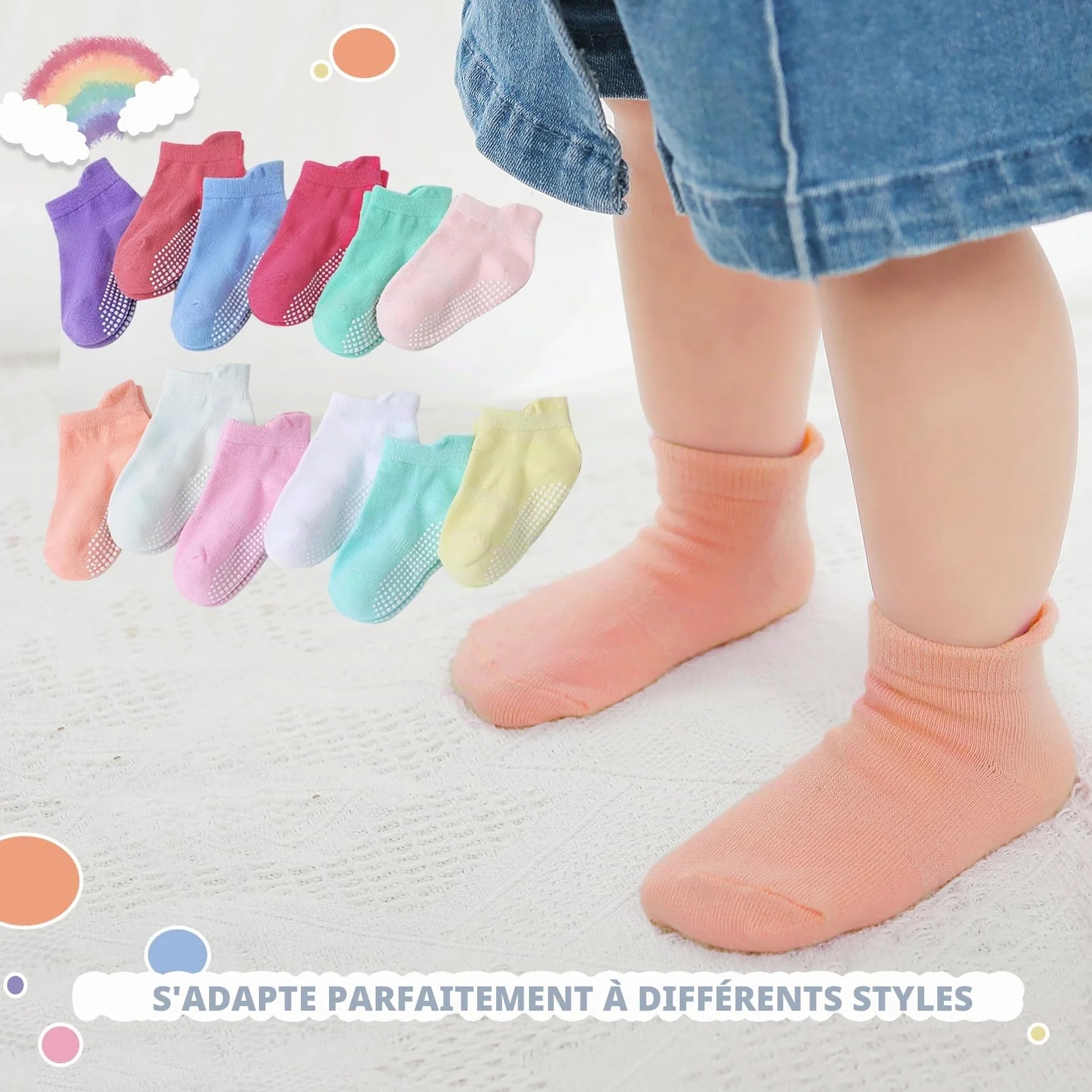 Chaussettes Anti-Dérapantes en Coton pour Bébés - 12 Paires