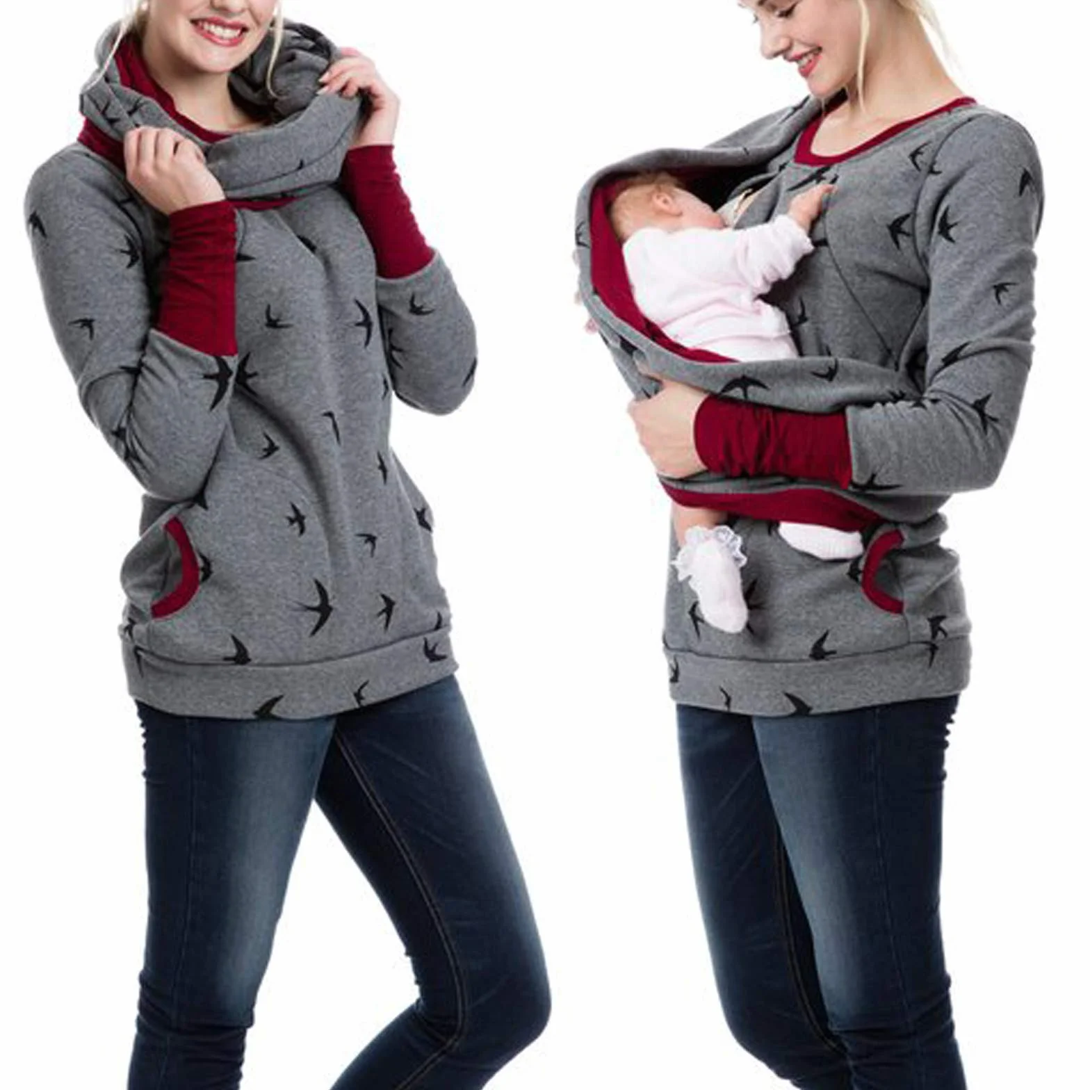 Hoodie de Maternité Sweat à Capuche Zippé pour Femmes Enceintes Veste Grossesse Casual avec Poches