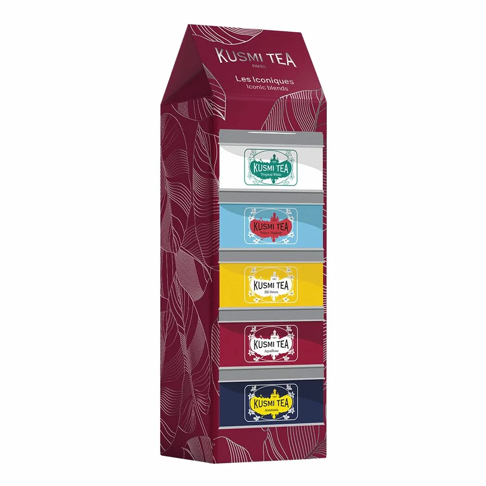 Kusmi Tea - Coffret "Les Iconiques" - Assortiment de Thés Bio - Idée Cadeau Homme et Femme - Thé Noir, Thé Vert, Thé Blanc et Infusion - Fabriqué en France - 5 Boîtes de 25g