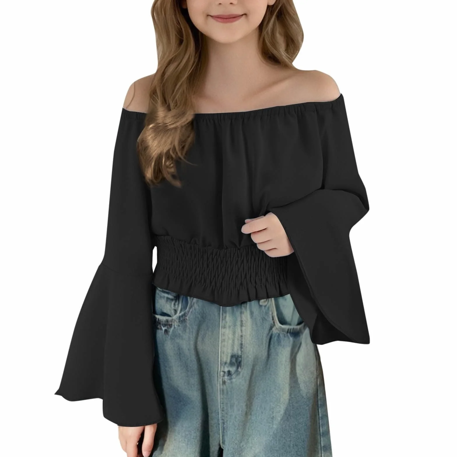 Haut Fille Épaules dénudées Manches évasées Taille élastiquée Crop Uni Décontracté pour Enfant Vêtement Fille pour Ado Haut Tendance