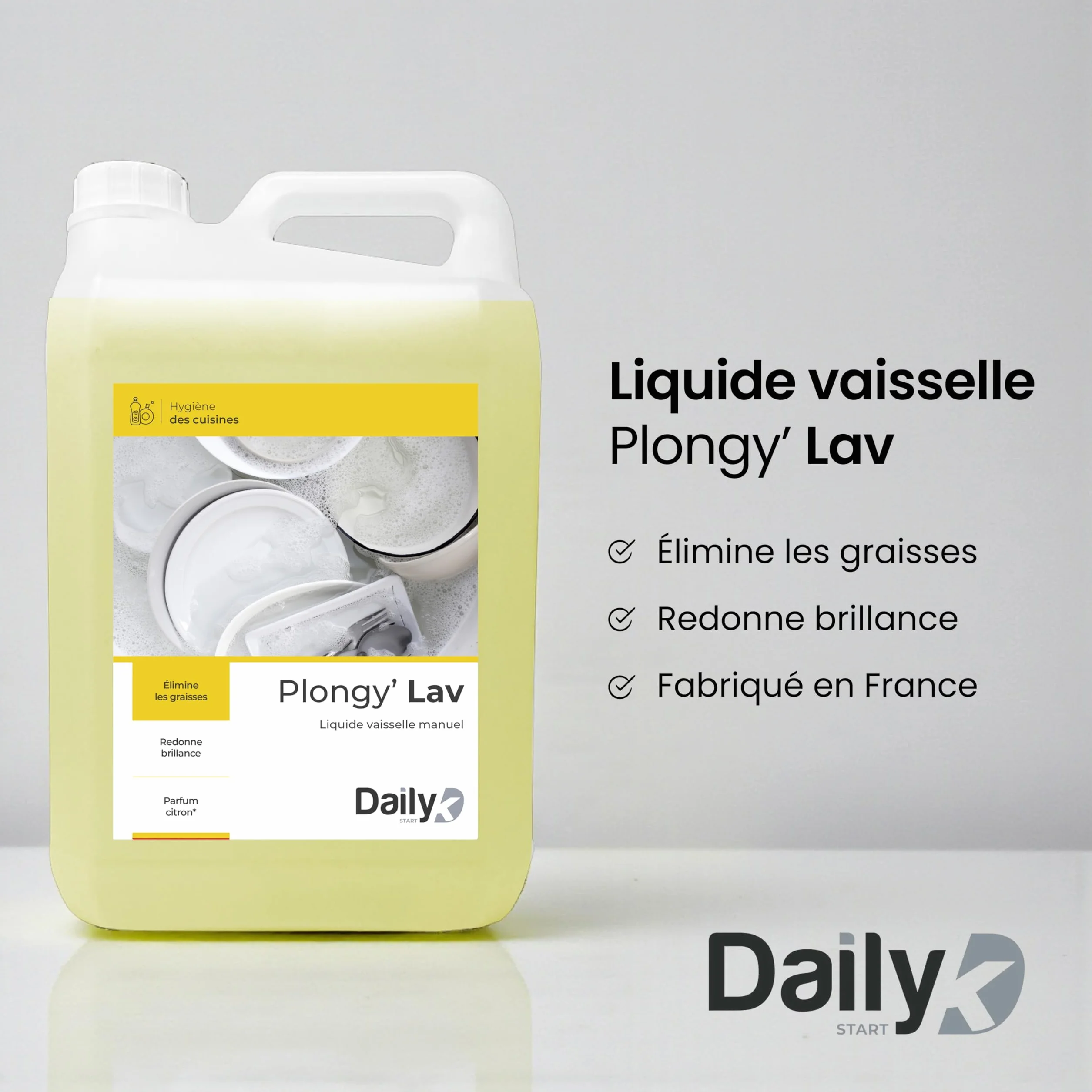 Liquide Vaisselle Manuel 5L - Produit Vaisselle Liquide PLONGY’LAV en Bidon - Produit Dégraissant Parfum Citron - Grand Format Économique pour Usage Intensif - Made in France