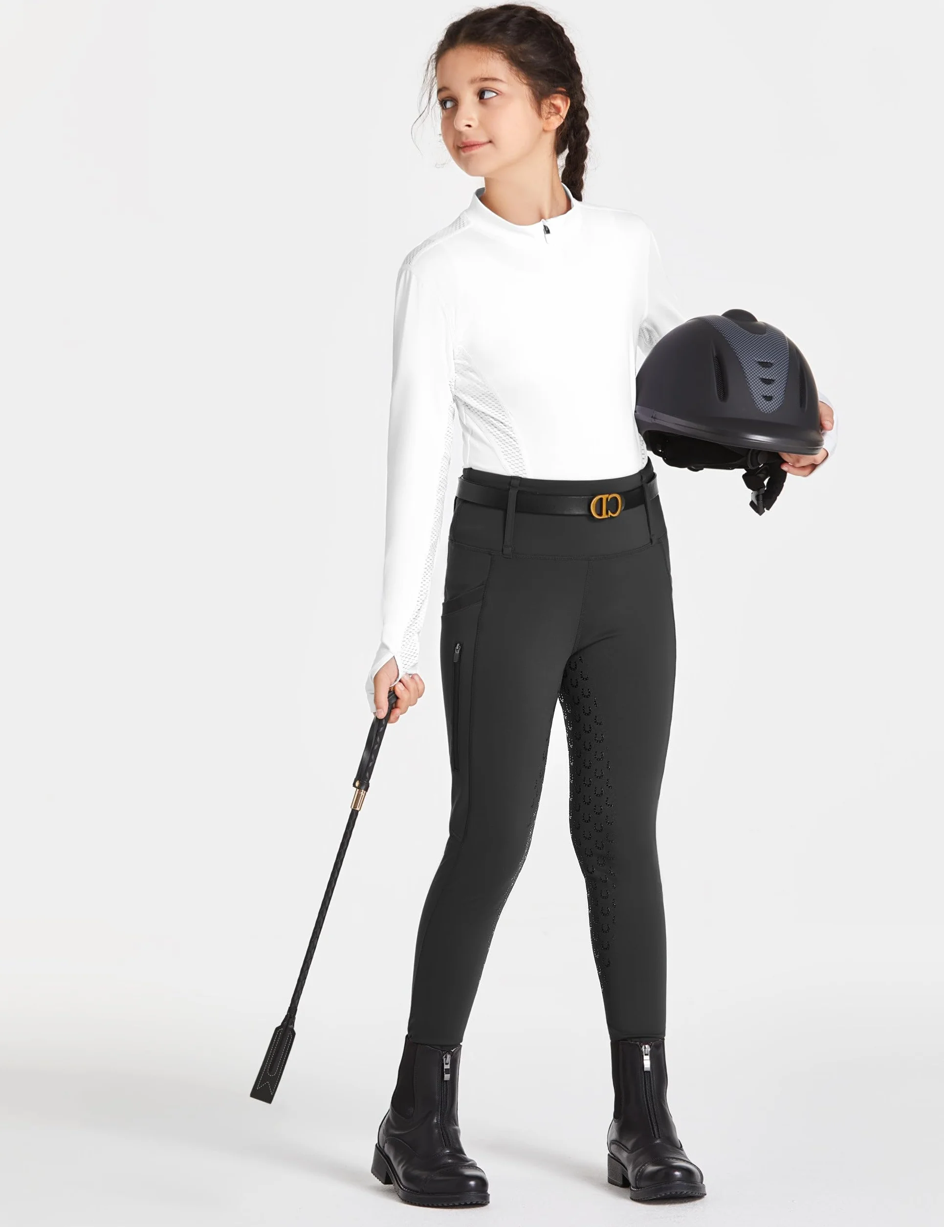 Culotte d'équitation FitsT4 pour Enfants Filles Leggings avec Fond Silicone Taille Haute 2 Poches