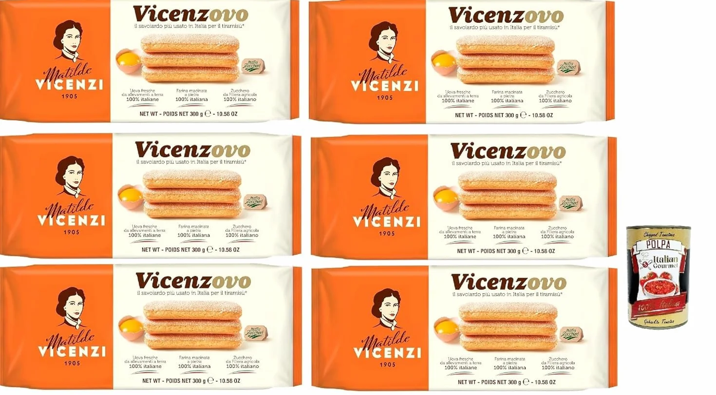 Italian Gourmet Bundle Vicenzovo, 6 x 300 g biscuits cuillère pour tiramisu savoiardi pâtisserie italienne œufs frais farine italienne sucre italien format 1,8 kg + Italian Gourmet Polpa