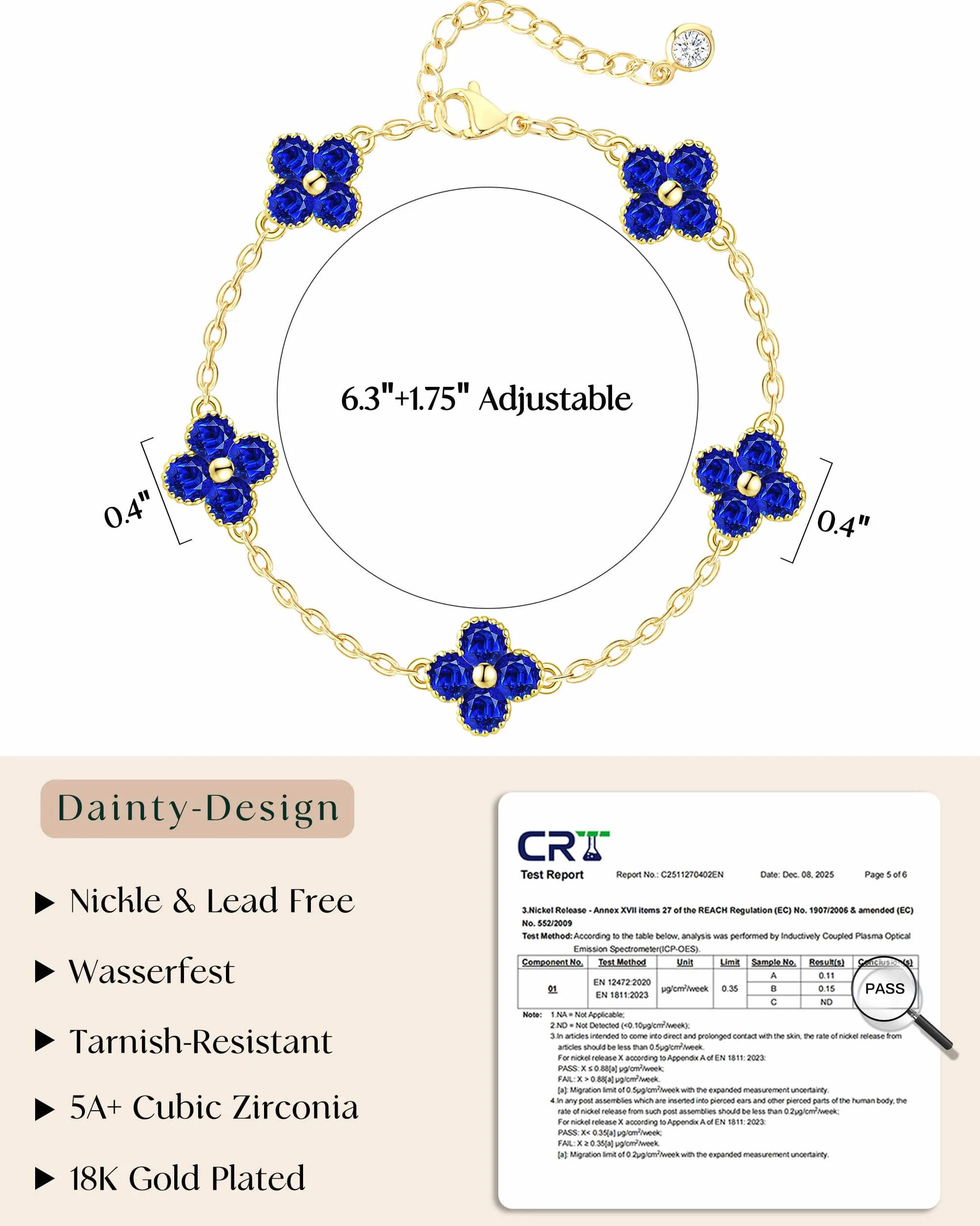 Bracelet Femme Or Trefle 4 Feuilles Pierre de Naissance Reglable Plaqué Or 18 Carats Zircon Saphir Marine Chaîne Amitié