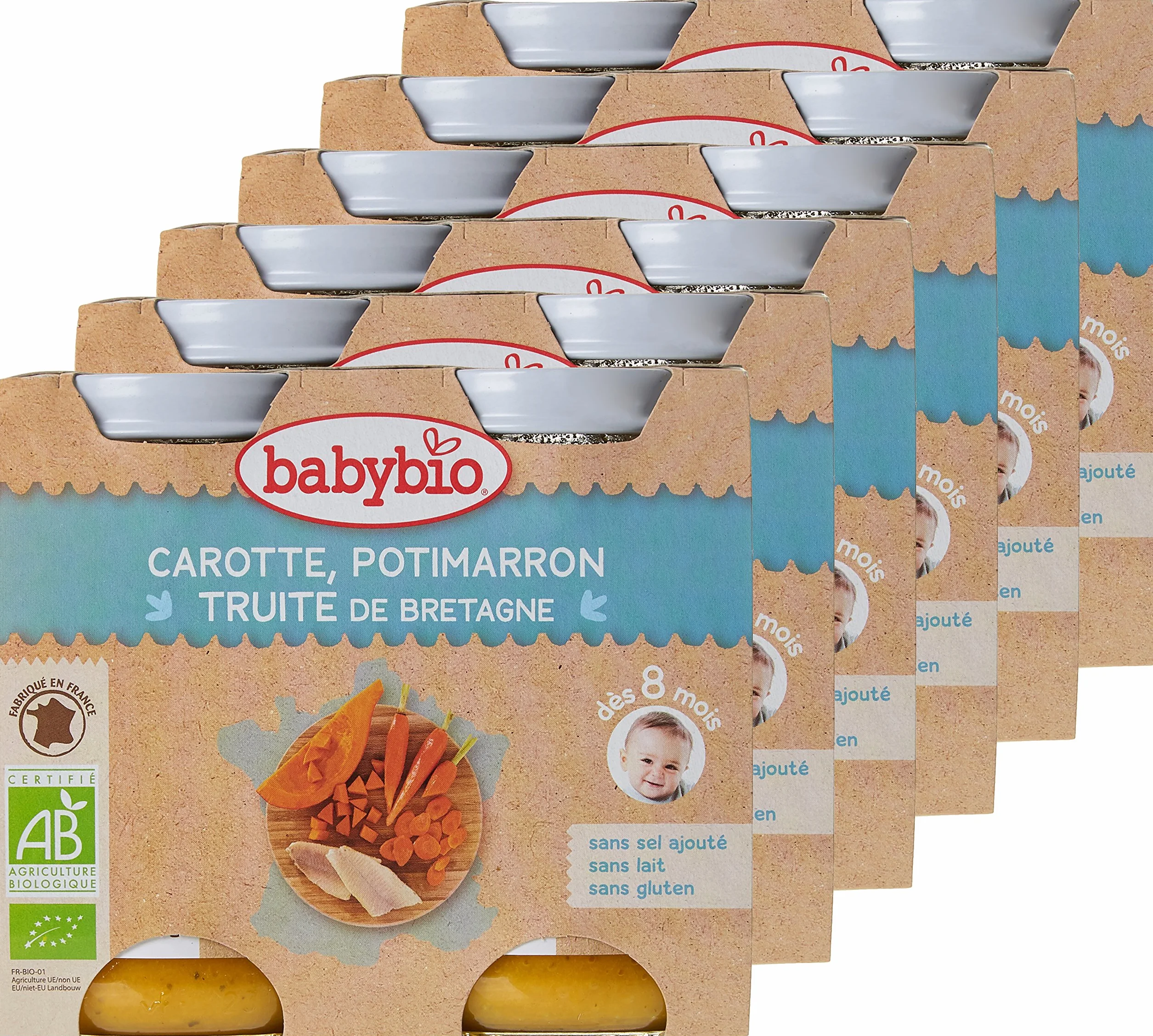 Babybio - Petits Pots Carotte Potimarron Truite de Bretagne 2x200 g - 8+ Mois - BIO - Lot de 6