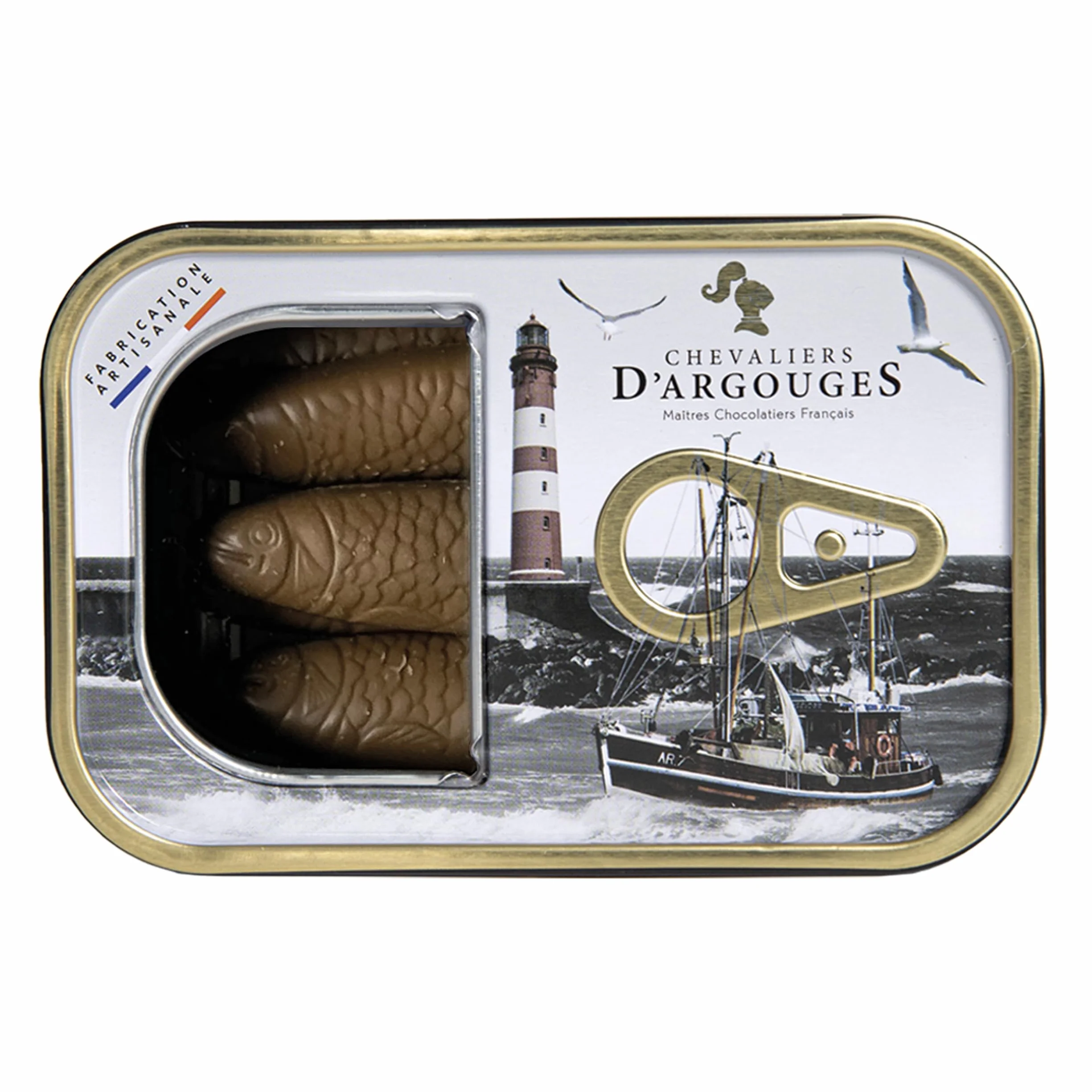 CHEVALIERS D'ARGOUGES Maîtres Chocolatiers Français - Boite sardines en chocolat - Souvenir de Normandie - 80g