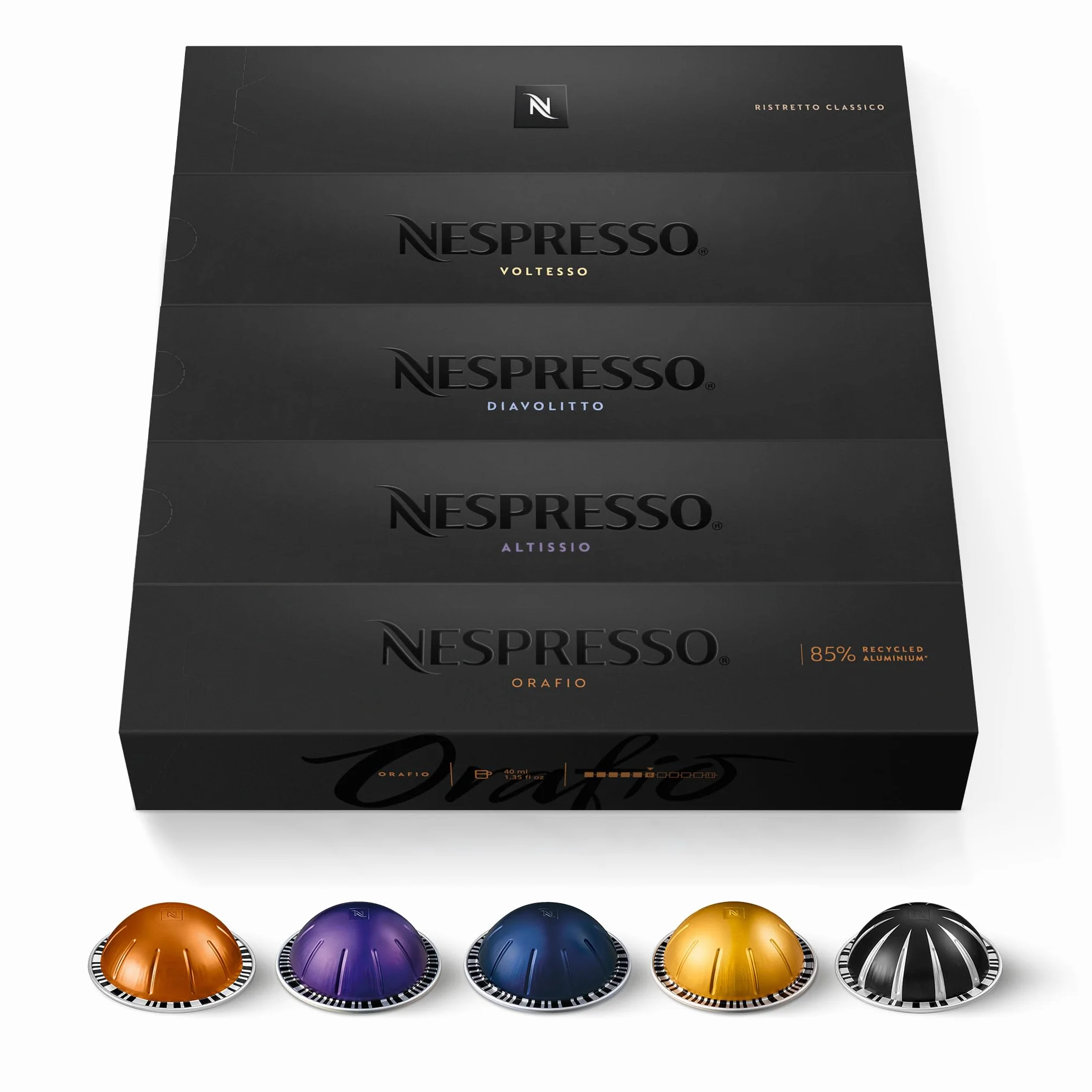 Nespresso Vertuo - Bundle 50 Capsules de Café - Espresso, Torréfaction Moyenne, Intense - 10x Orafio, 10x Altissio, 10x Diavolito, 10x Voltesso, 10x Ristretto