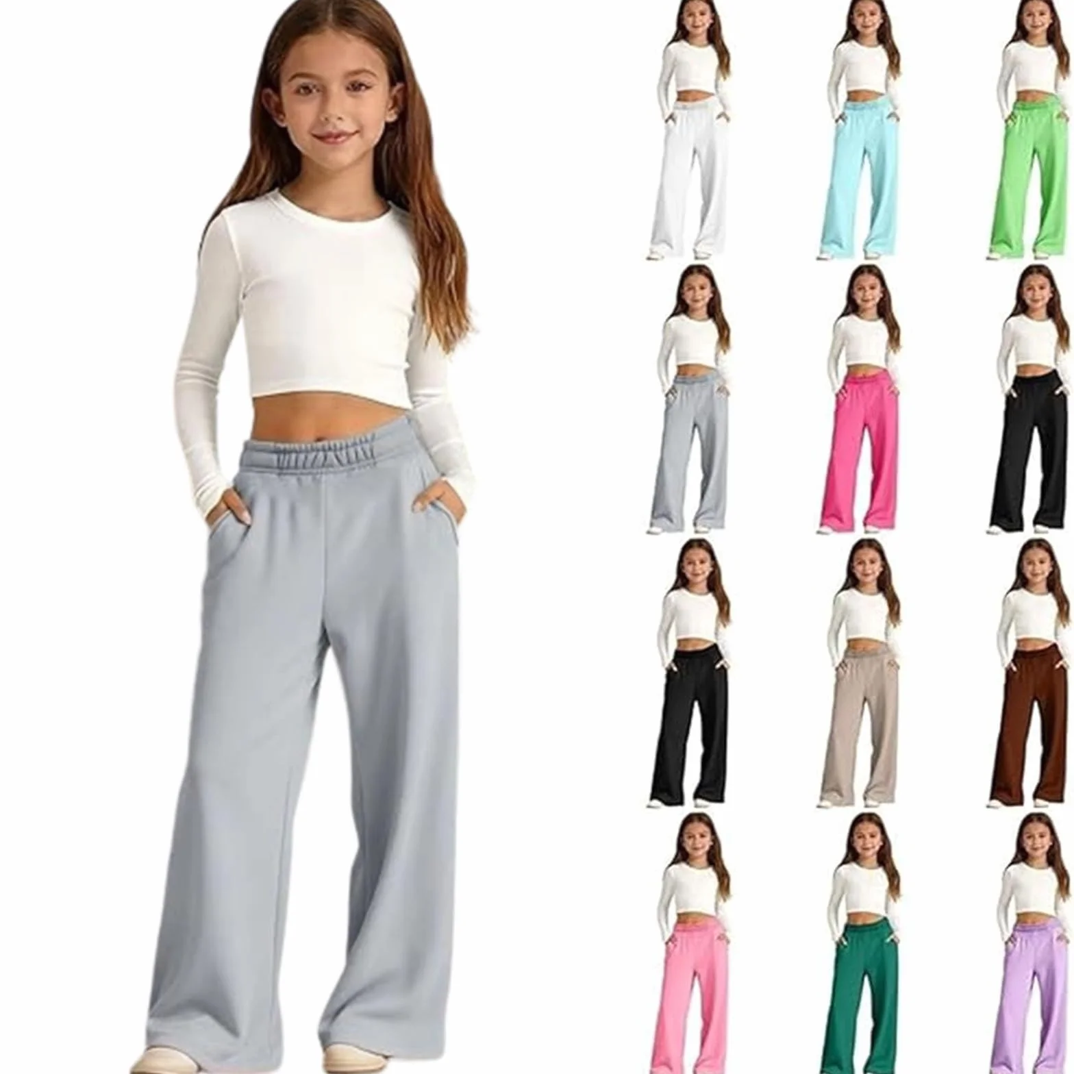 Pantalon de survêtement Ample en Coton Taille Haute élastique Jogging pour Filles Enfants Adolescents