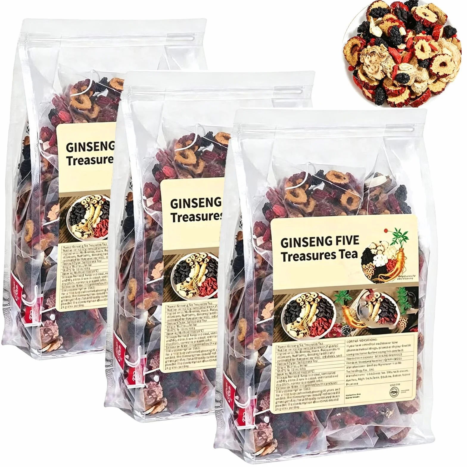 Ginseng Five Treasure Tea, Energy & Daily Balance, for Daily Wellness, Mulberry, Goji Berry, Red Date (3pc)