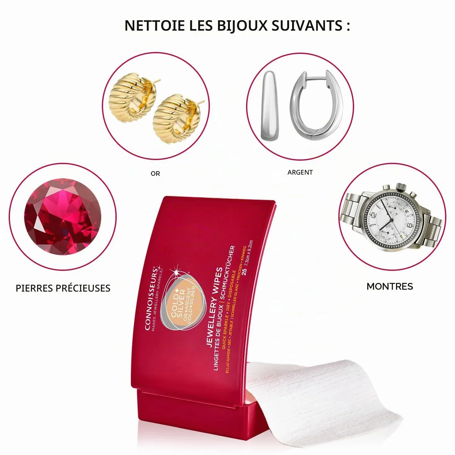 Connoisseurs Lingettes Nettoyantes pour Bijoux - Chiffon Polish Argent Or - Brillance - 25 Lingettes Sèches