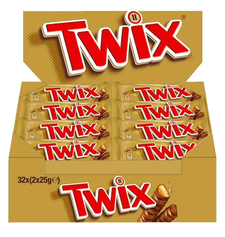 TWIX, Barres chocolat au lait avec biscuit nappage caramel - 1 Boite de 32 barres individuelles de 50g (L'emballage peut varier)