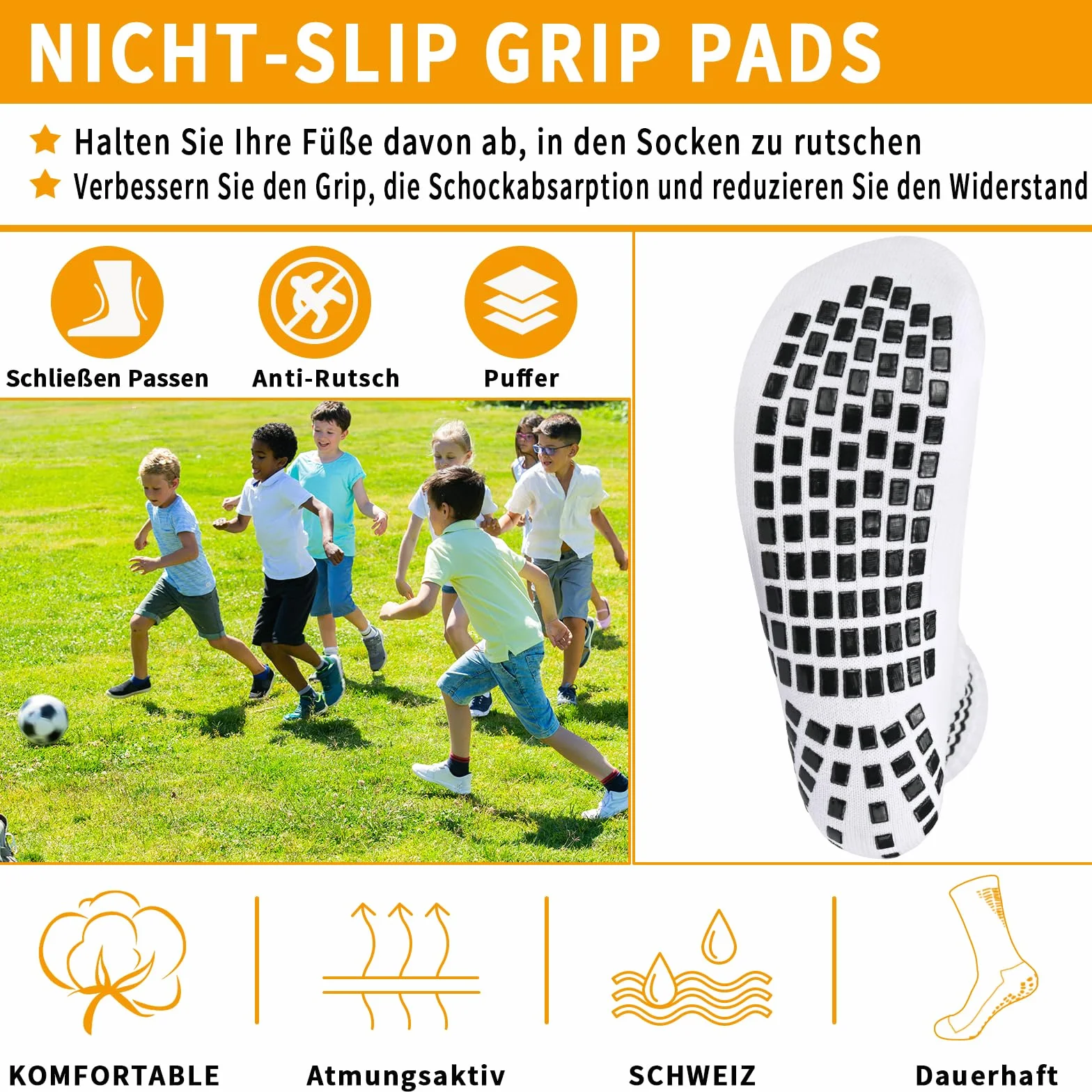 Lot de 3 paires chaussettes football antidérapantes garçon Blanc Noir 31-34 35-38