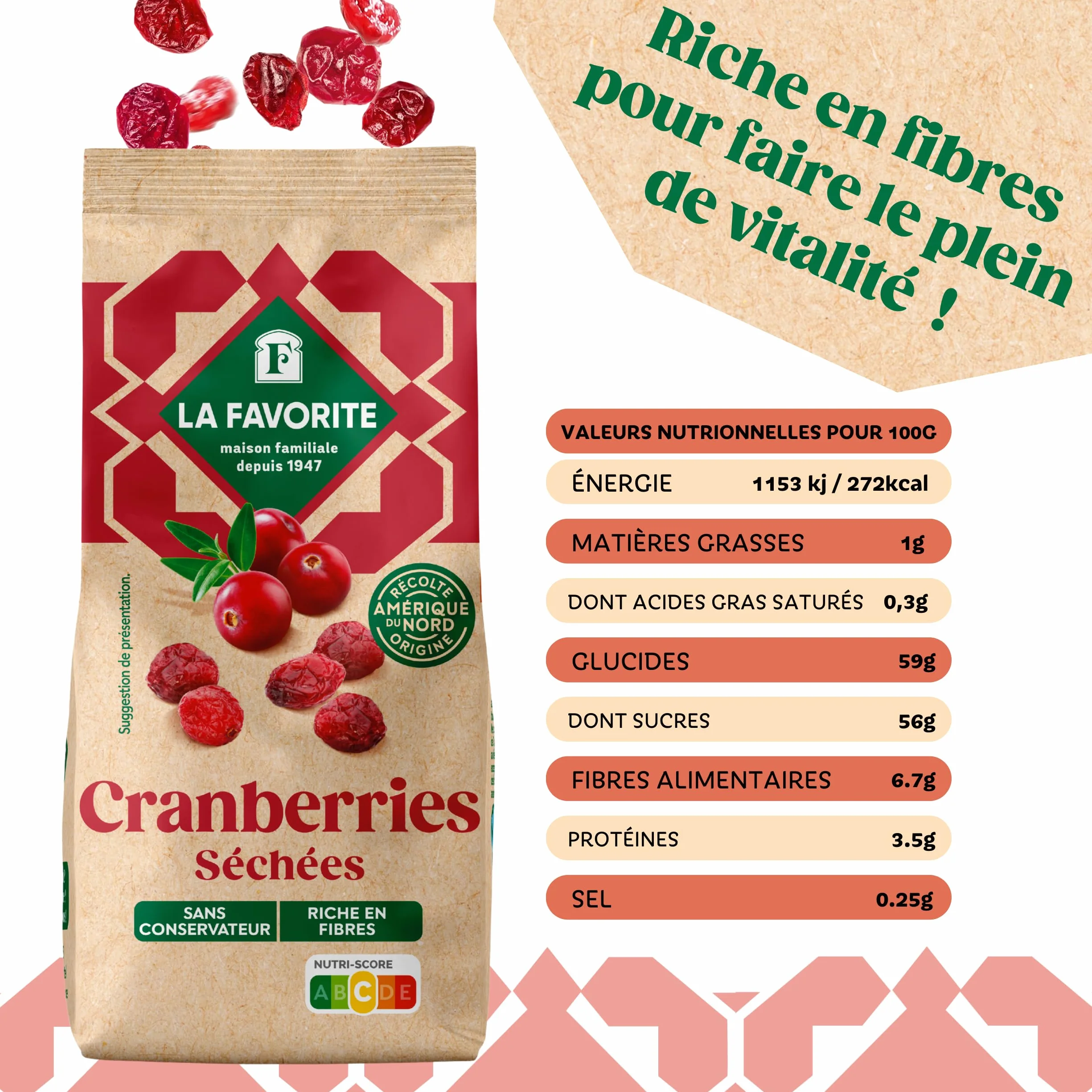La Favorite - Cranberries Séchées 125 g - Canneberges Entières - Tendres & Savoureuses - Baie Cranberry – Légèrement Sucrées - Pour Encas Sain, Apéritif, Cuisine, Pâtisserie