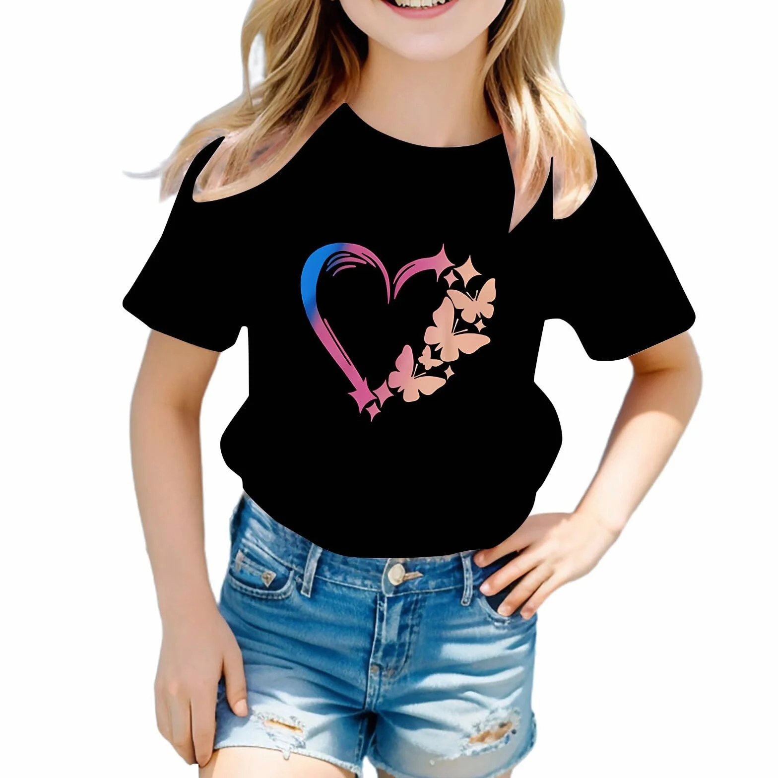 Tee Shirt Fille Manche Courte été col Rond 3-12 Ans Fluide Love