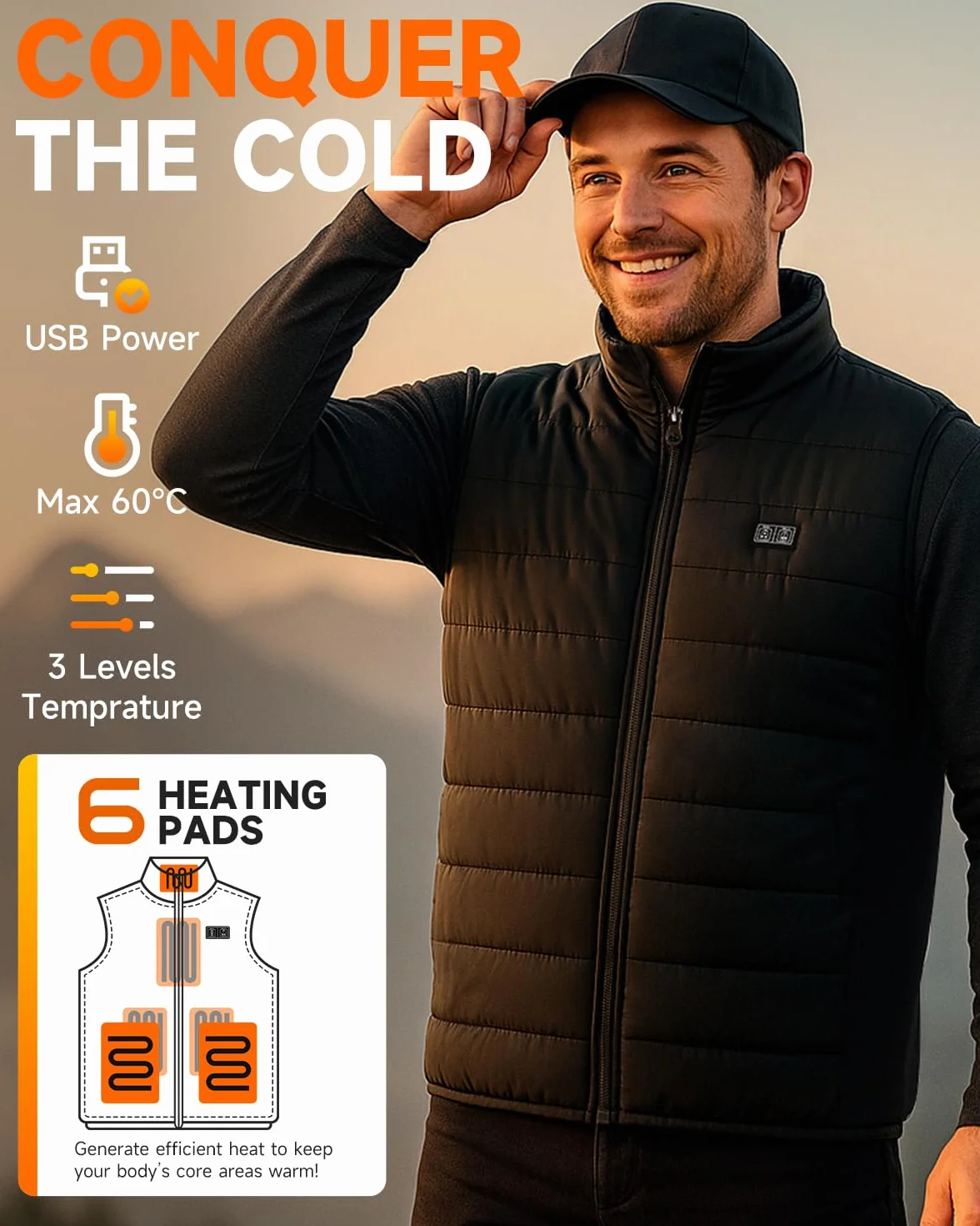 LABCOOL Veste Chauffante USB 12000mAh 5V 3 Niveaux 6 Zones Chauffantes Gilet Homme Femme