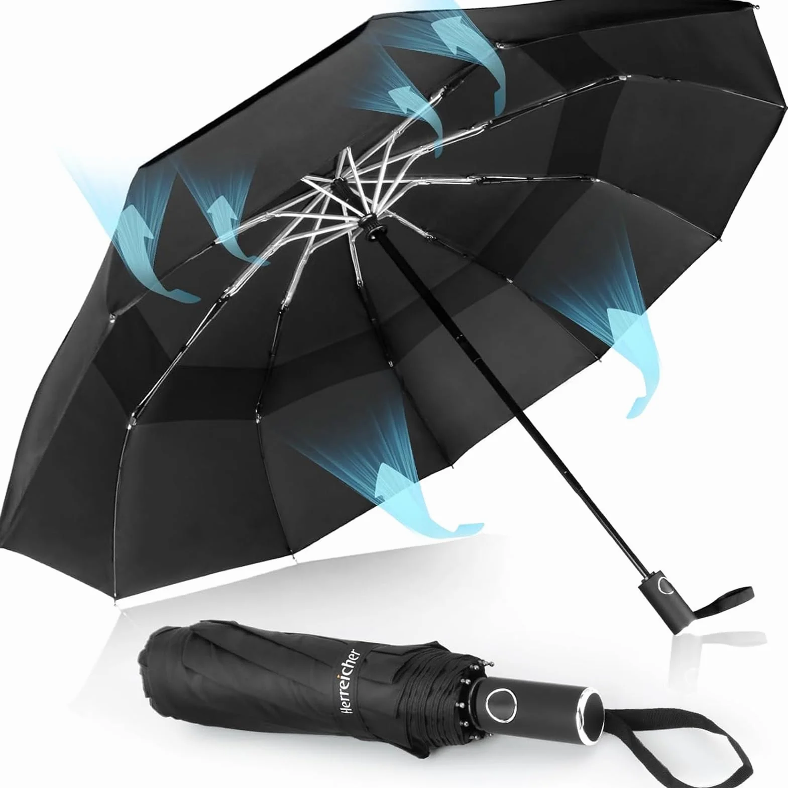 Parapluie Automatique Résistant au Vent Double Toit Léger Aluminium 10 Baleines Compact 102cm