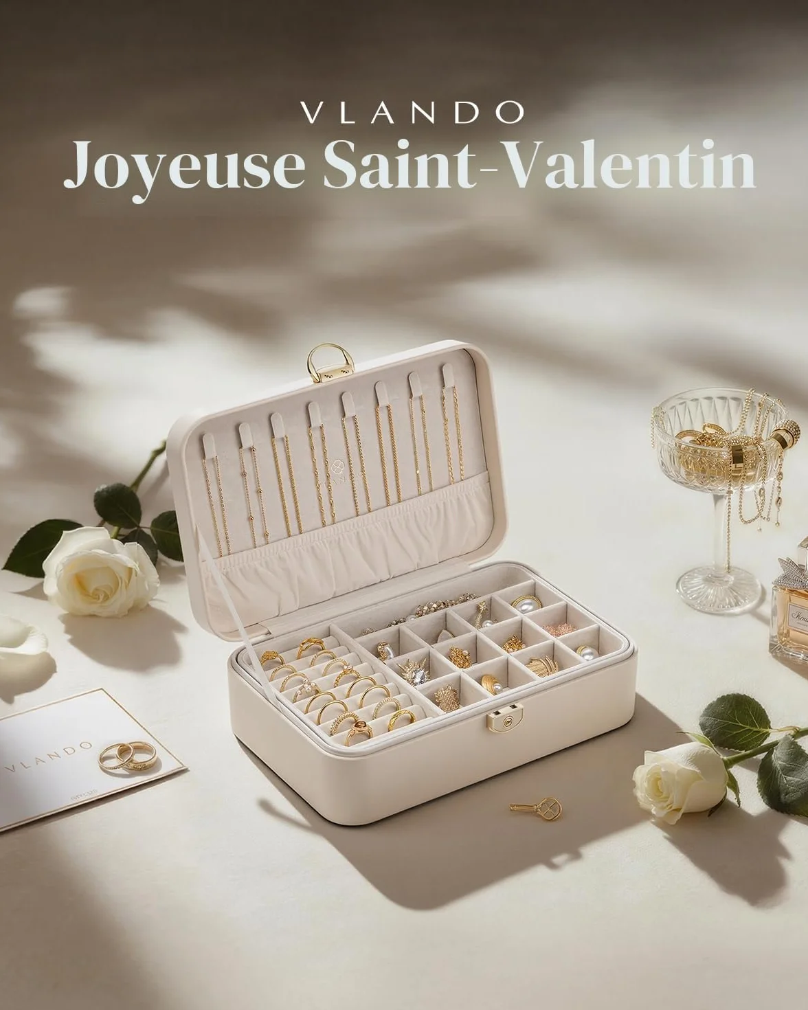 Vlando Boîte à bijoux verrouillable double couche jaune clair pour bagues boucles d'oreilles bracelets colliers