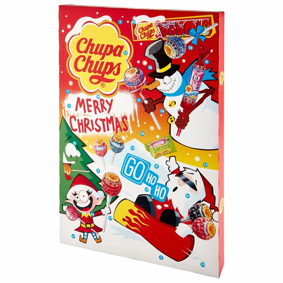 Chupa Chups - Calendrier de l'Avent pour Noël - Assortiment de 24 Confiseries - Sucettes et Chewing-Gums - Alternative au Calendrier de l'Avent Chocolat - Nouvelle Surprise Tous les Jours