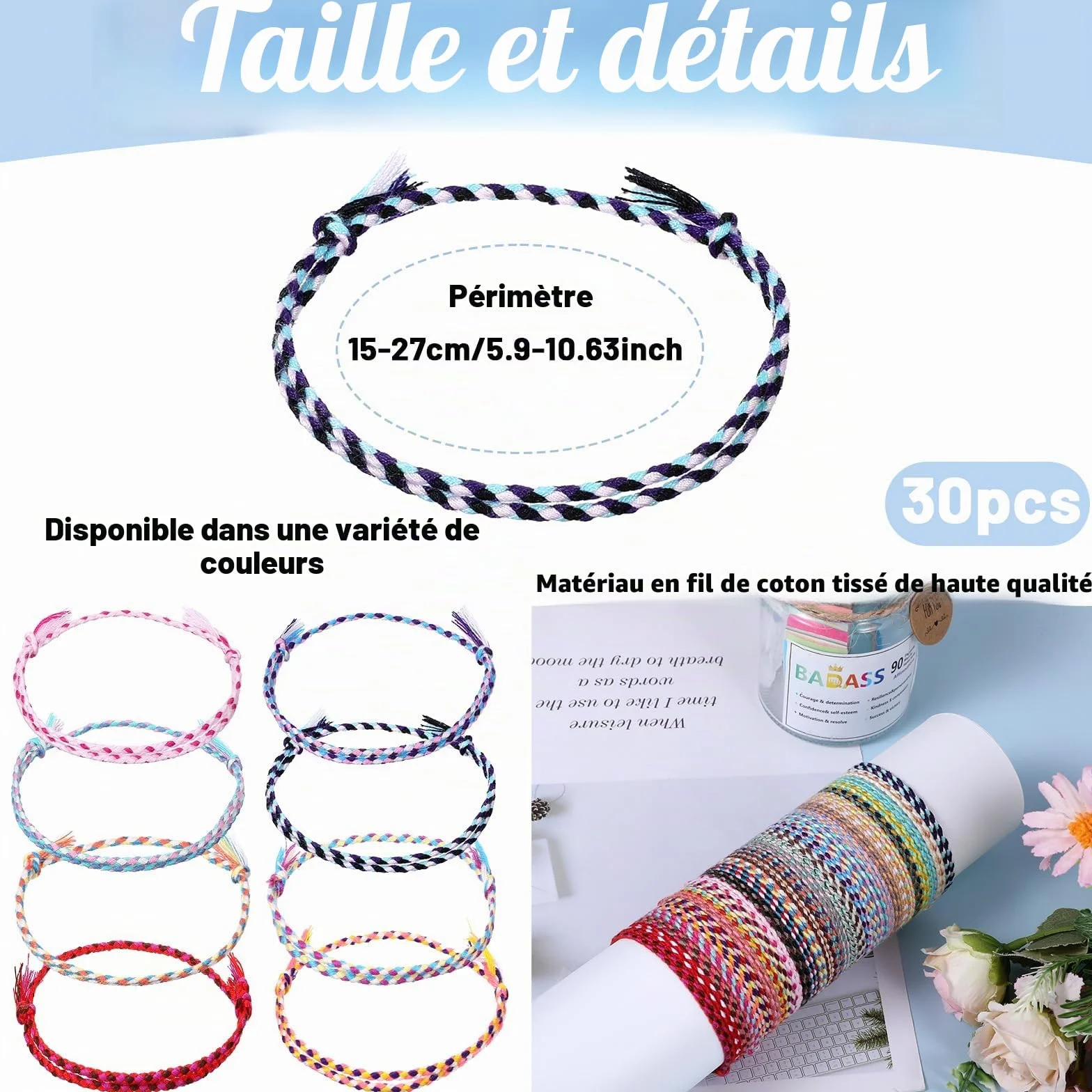 Lot de 30 bracelets d'amitié tissés ajustables, bracelets de surf tressés, chevillettes fines pour femmes et filles