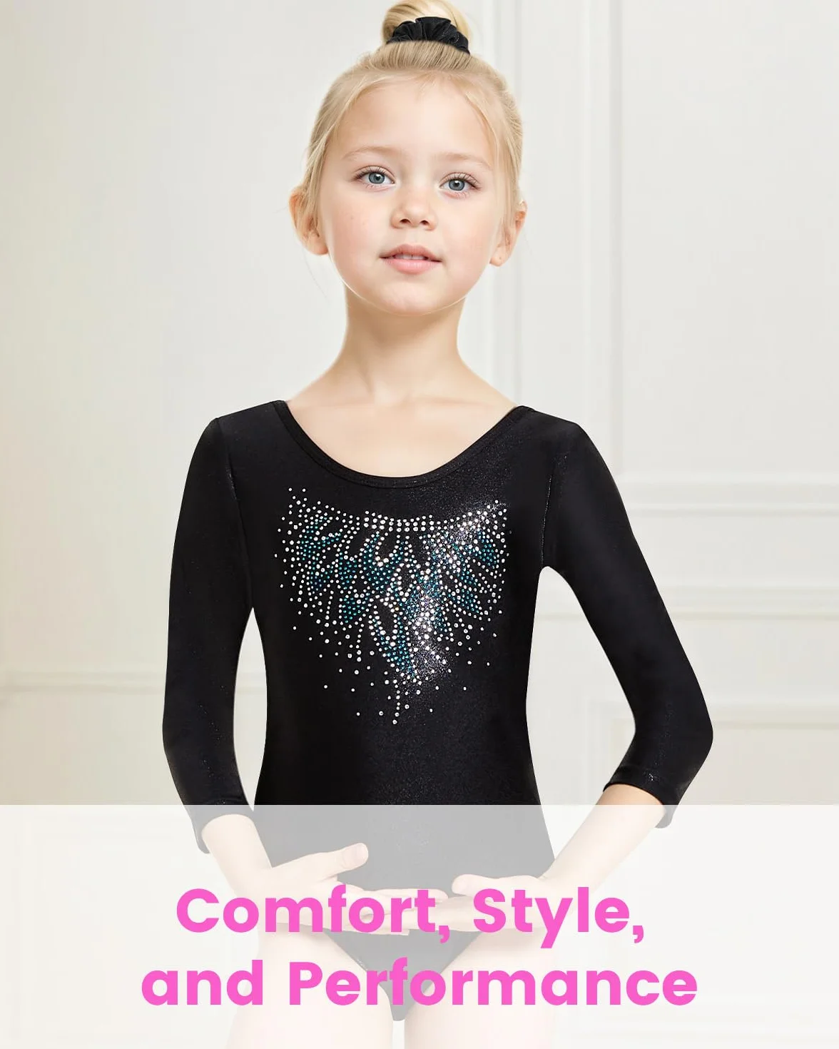 Gogokids Maillots de Gymnastique Trois Pièces pour Filles, Ensemble à Manches Longues avec Short et Bandeau, Justaucorps Brillant Dégradé 3-12 Ans