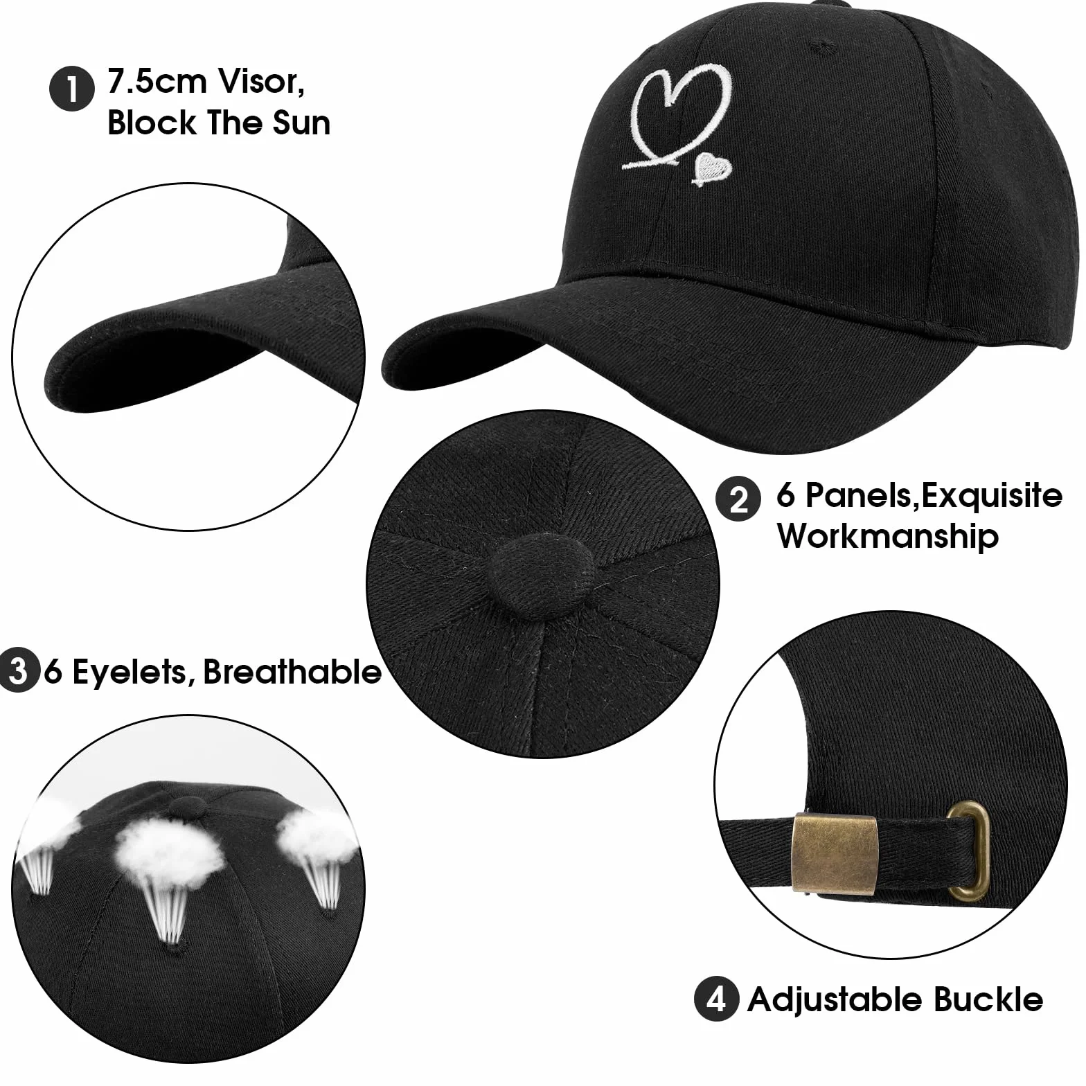 Tiakay Casquette de Baseball Unisexe à Broderie de Cœur Réglable Coton Respirant Protection UV Chapeau Soleil Été Plein Air Voyage Sport
