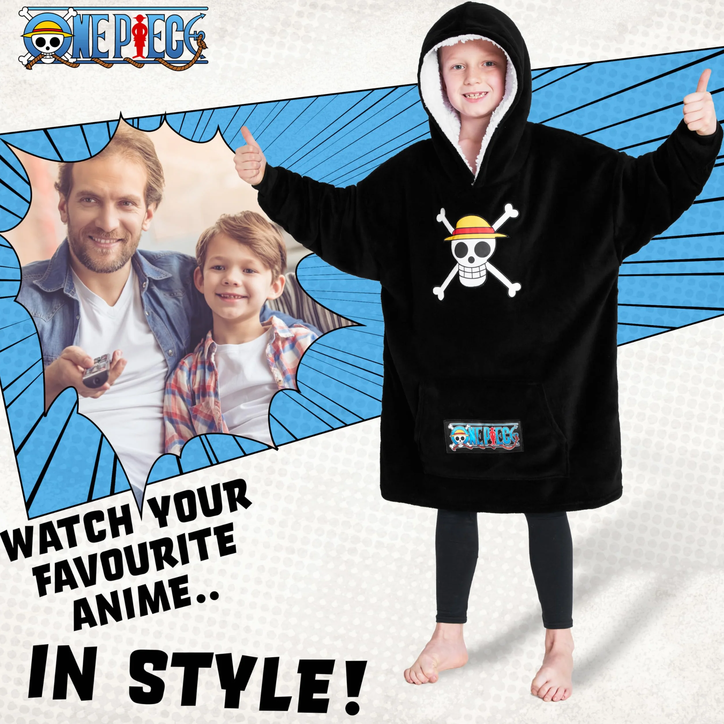 One Piece Pull Plaid Enfant Sweat Oversize Polaire Poncho Cadeau Anime Manga Taille Unique