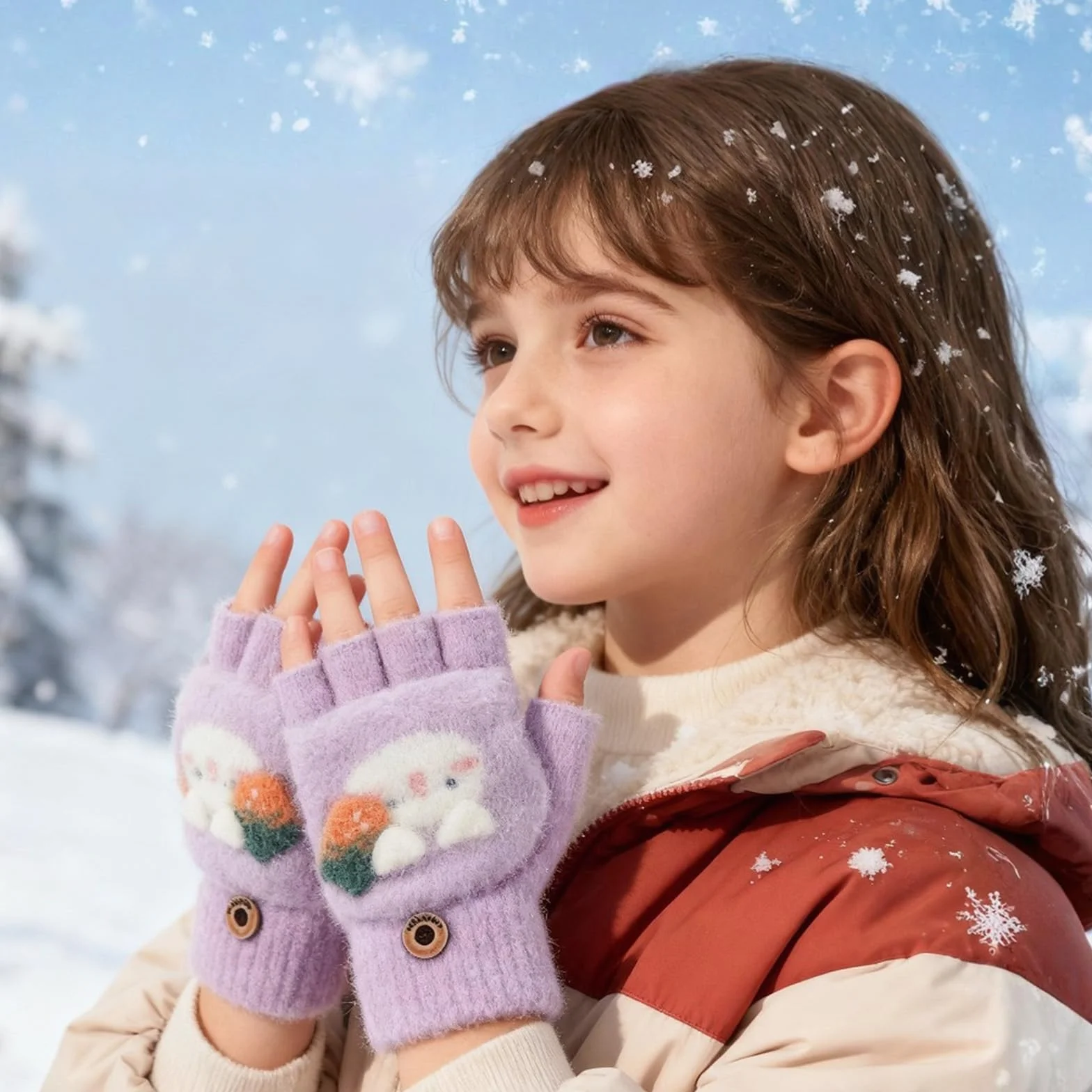 Mitaine avec Rabat pour Enfant Gants Demi-Doigts Chaudes d'Hiver 4-8 Ans
