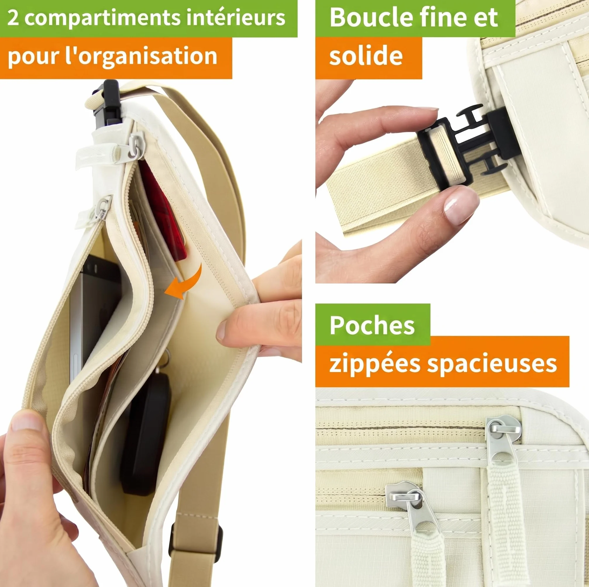 Ceinture Porte-Monnaie RFID Lot de 8 Manchons - Sac Banane Homme Femme Antivol Protection 360 Degres, Beige