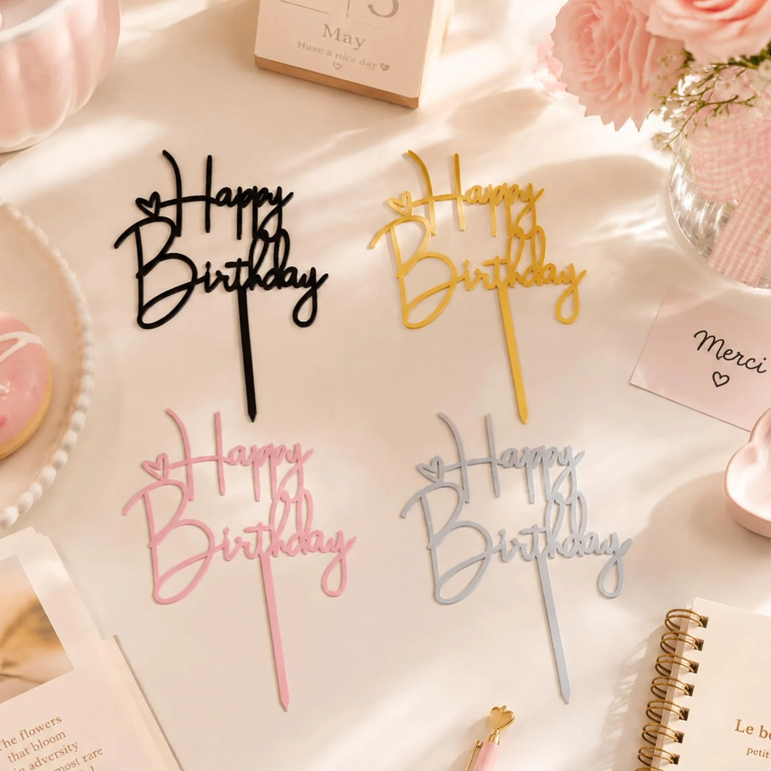 4 Pièces Topper Happy Birthday Decoration Gateau Acrylique Réutilisable,Joyeux Anniversaire Decoration Gateau,Décorations de Gâteau « Happy Birthday » pour Décoration de Gâteau de Fête D'Anniversaire