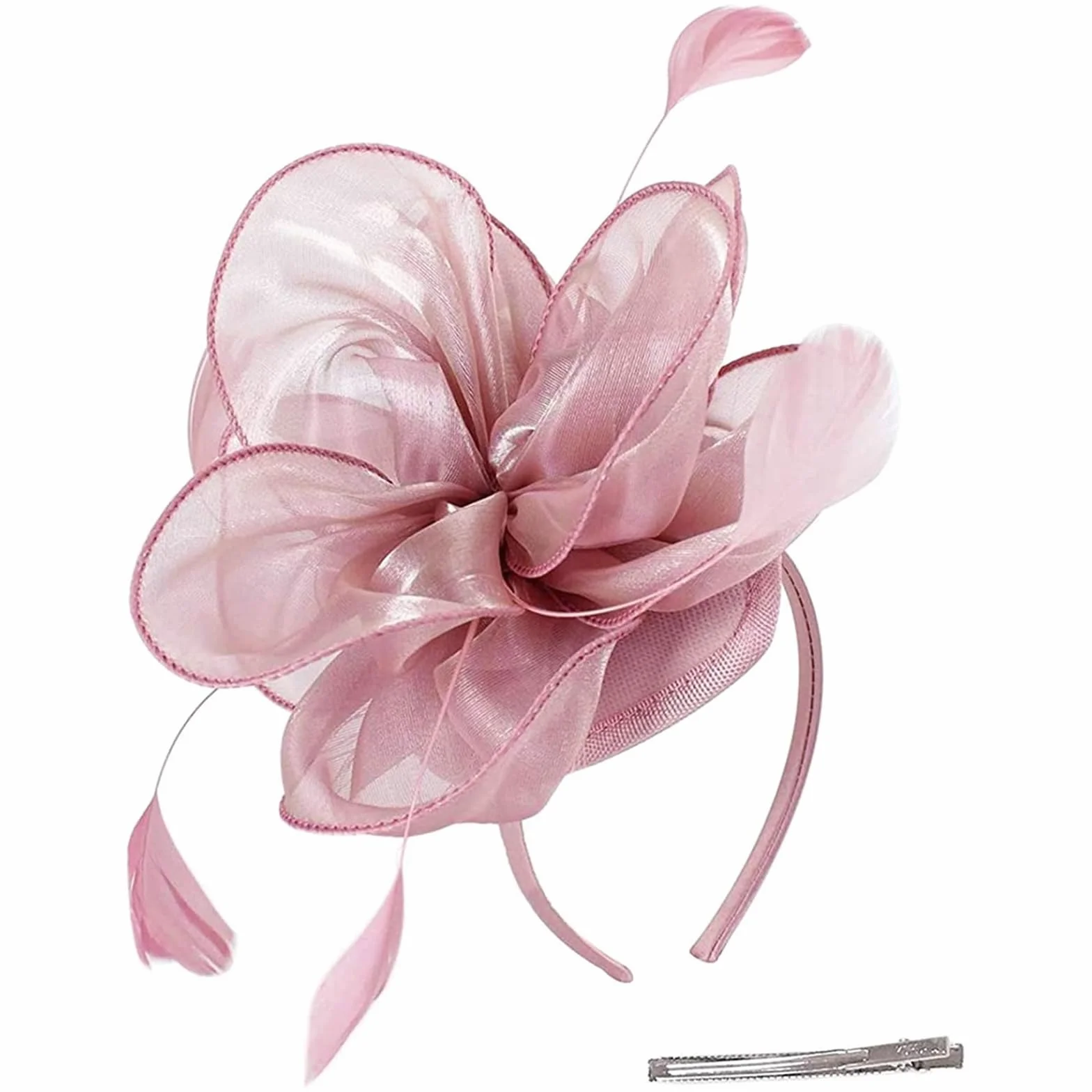 Fascinateurs Floraux Rose avec Plume pour Femme Chapeau Mariage Bandeau