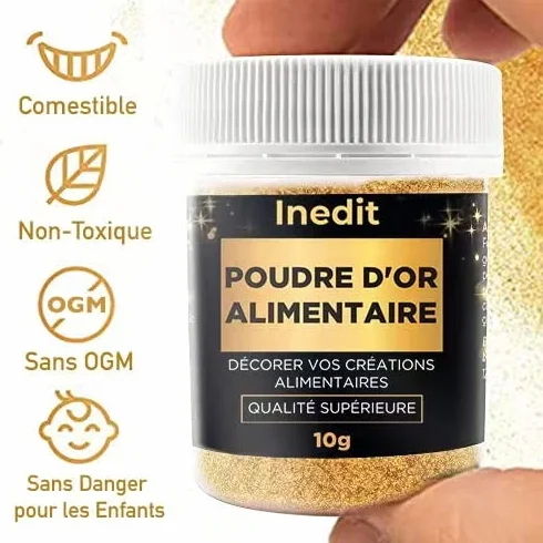 Poudre Alimentaire Or - Décoration Patisserie/gâteaux/Macarons/ (10g) - Qualité PREMIUM - Couleur Dorée et Paillette - 100% COMESTIBLE