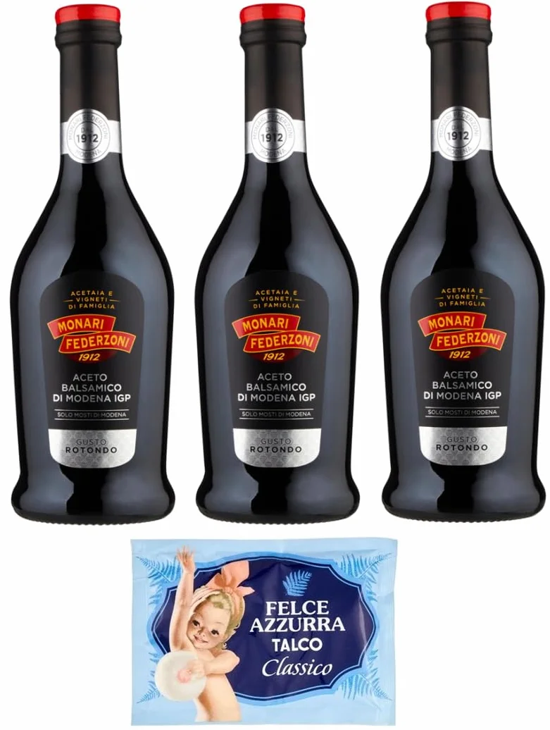 Monari Federzoni Aceto Balsamico di Modena I.G.P.Gusto Rotondo, vinaigre balsamique de Modène I.G.P.P, bouteille en verre de 500 ml + 1 sachet de talc Felce Azzurra gratuit, sachet de 100 g