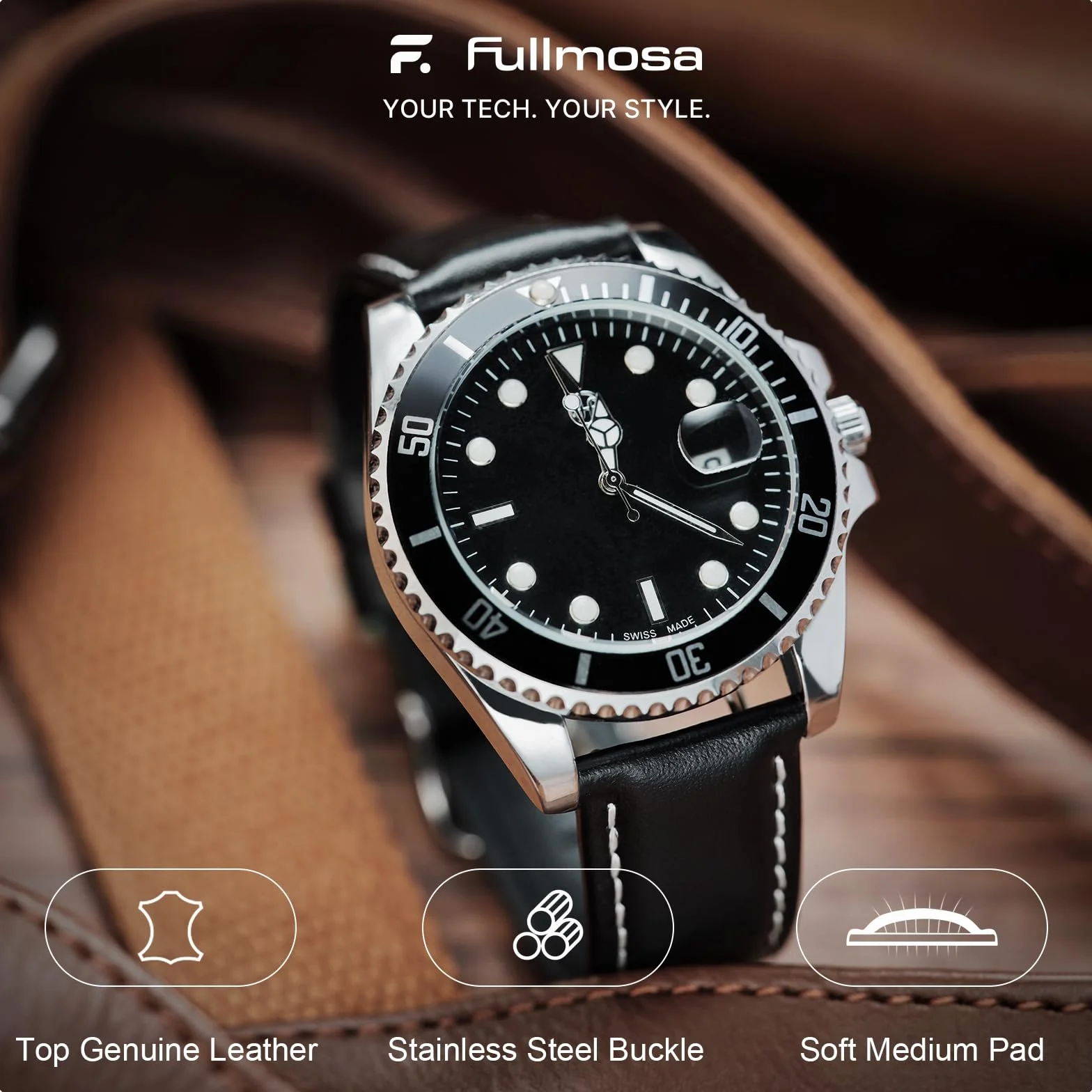 Fullmosa Bracelet de montre en cuir vintage remplacement universel 20MM Noir boucle argentée
