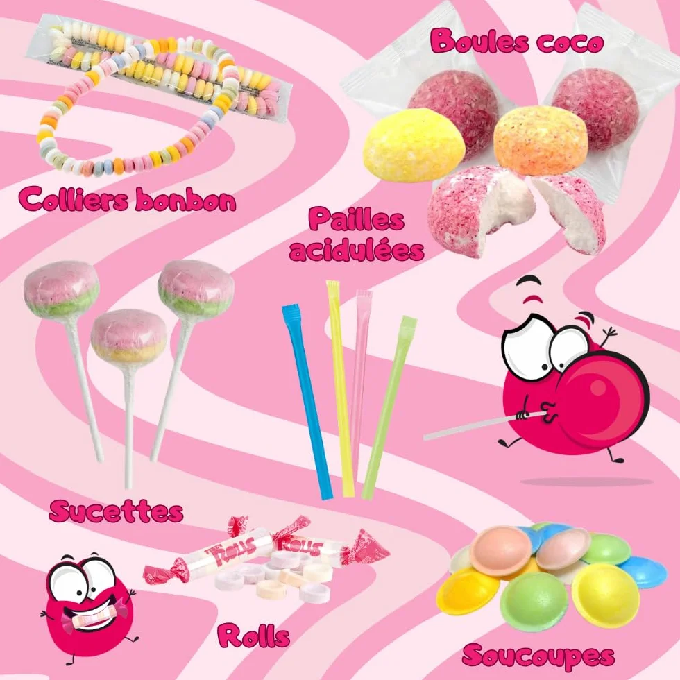 Bonbons d’Enfance 200 pcs | Assortiment Rétro : Colliers & Sucettes dextrose, Pailles & Soucoupes acidulées,Boules Coco | Idée Cadeau Anniversaire et Fête