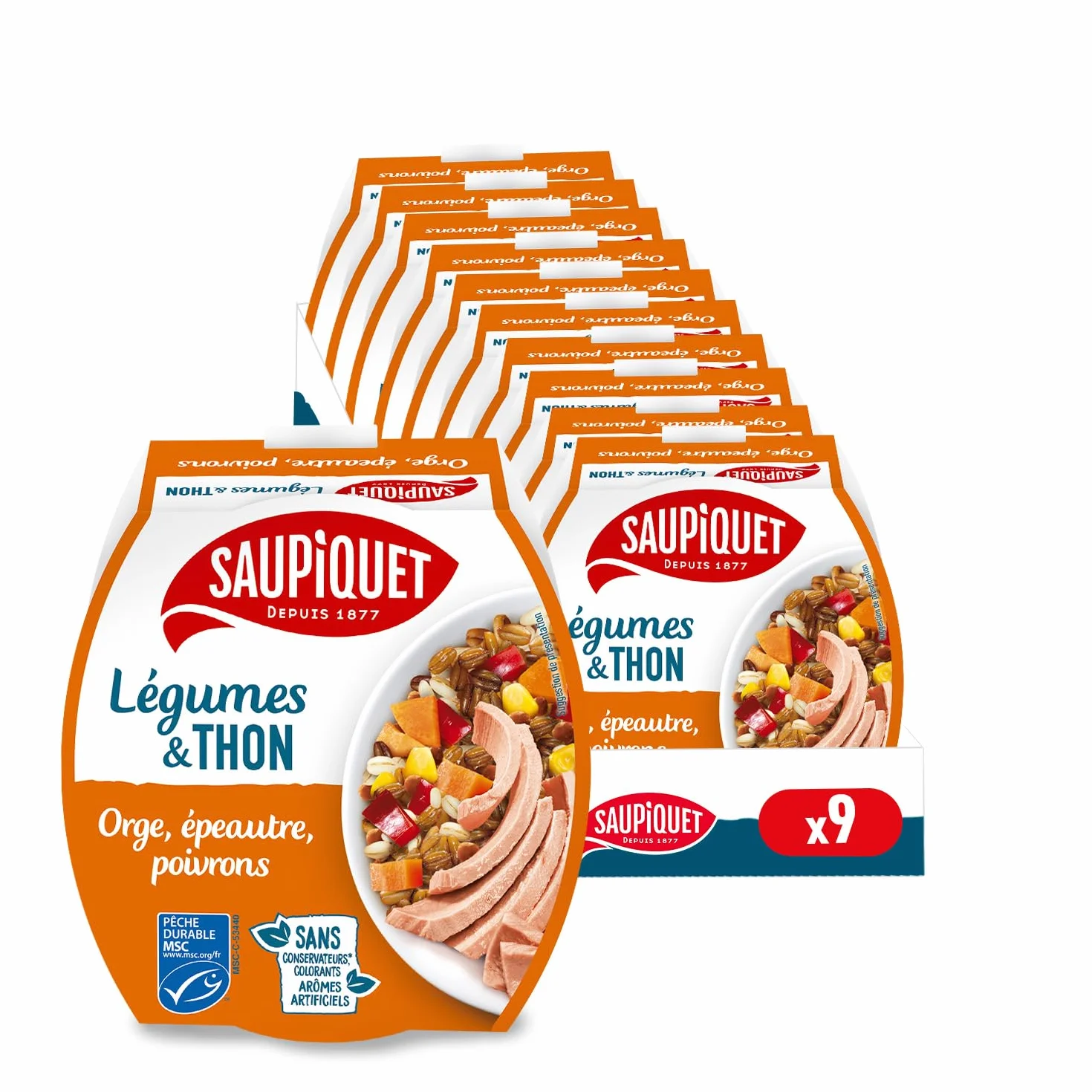 SAUPIQUET - Légumes & Thon - Orge, Epeautre, Poivrons - Salade Prête à Consommer - Température Ambiante - Idéal Pique-Nique - Poisson Issu Pêche Traçabilité Garantie - 9 Conserves (160 g)
