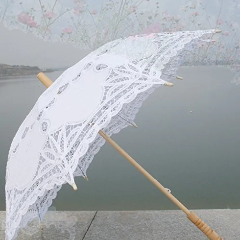 Ombrelle de mariage victorienne avec broderie en dentelle Blanc 80 cm