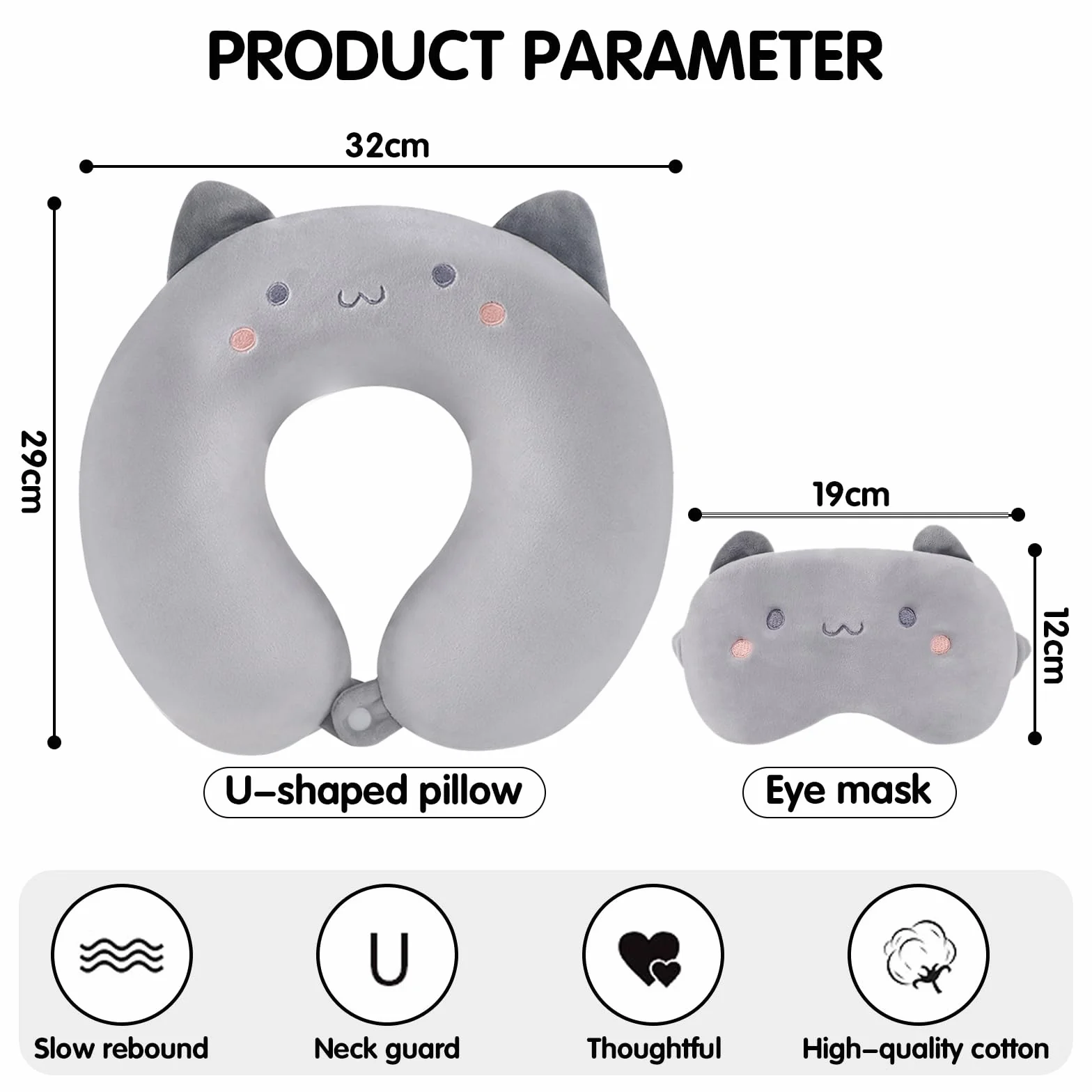 Oreiller de Voyage Enfant en Forme de U, Chat Gris, avec Masque pour les Yeux, Taie Amovible et Lavable