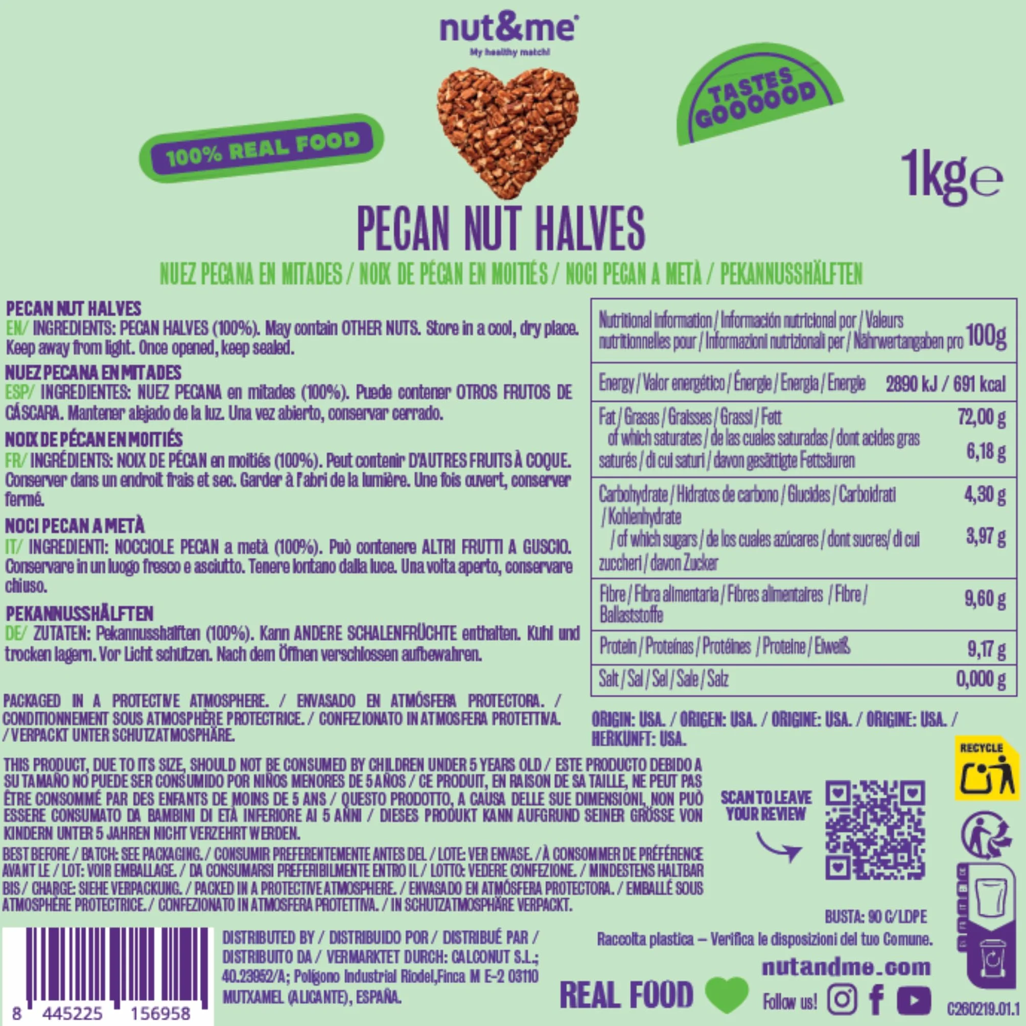 nut&me Noix de pécan naturelles Junior Mammoth 1 kg | Variété Fancy, Idéales pour pâtisserie, yaourt, granola, salades et recettes sucrées, Sans coque, gluten ni additifs